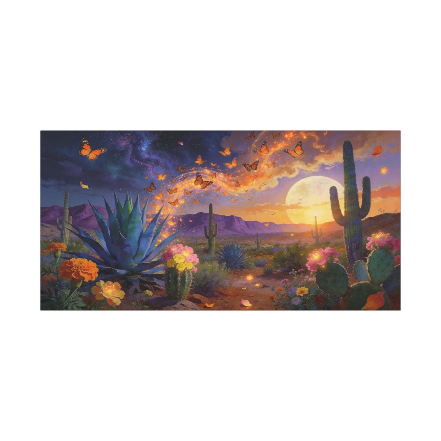 Desert Butterfly Canvas Wall Art - Moonlit Cactus Landscape, Agave And Wildflowers - Surreal Southwestern Style - Cotton Canvas Print - Living Room Wall Decor, Bedroom Accent - Bedroom Home Decoration
