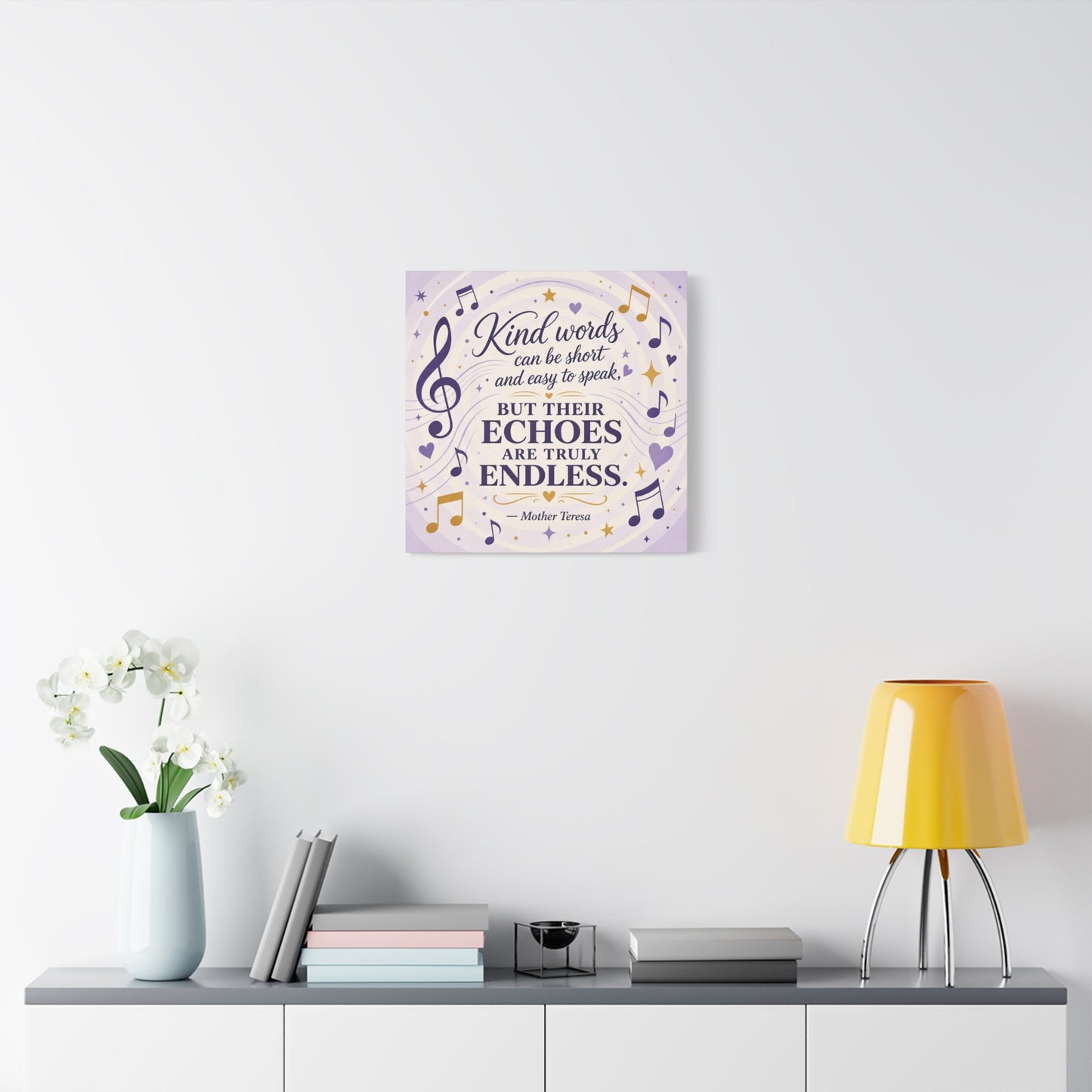 "Kind Words Can Be Short And Easy To Speak, But Their Echoes Are Truly Endless." Canvas Wall Art - Musical Quote Print, Lavender Gold Typography Decor - Bedroom Classroom Wall Hanging - Ready to Hang