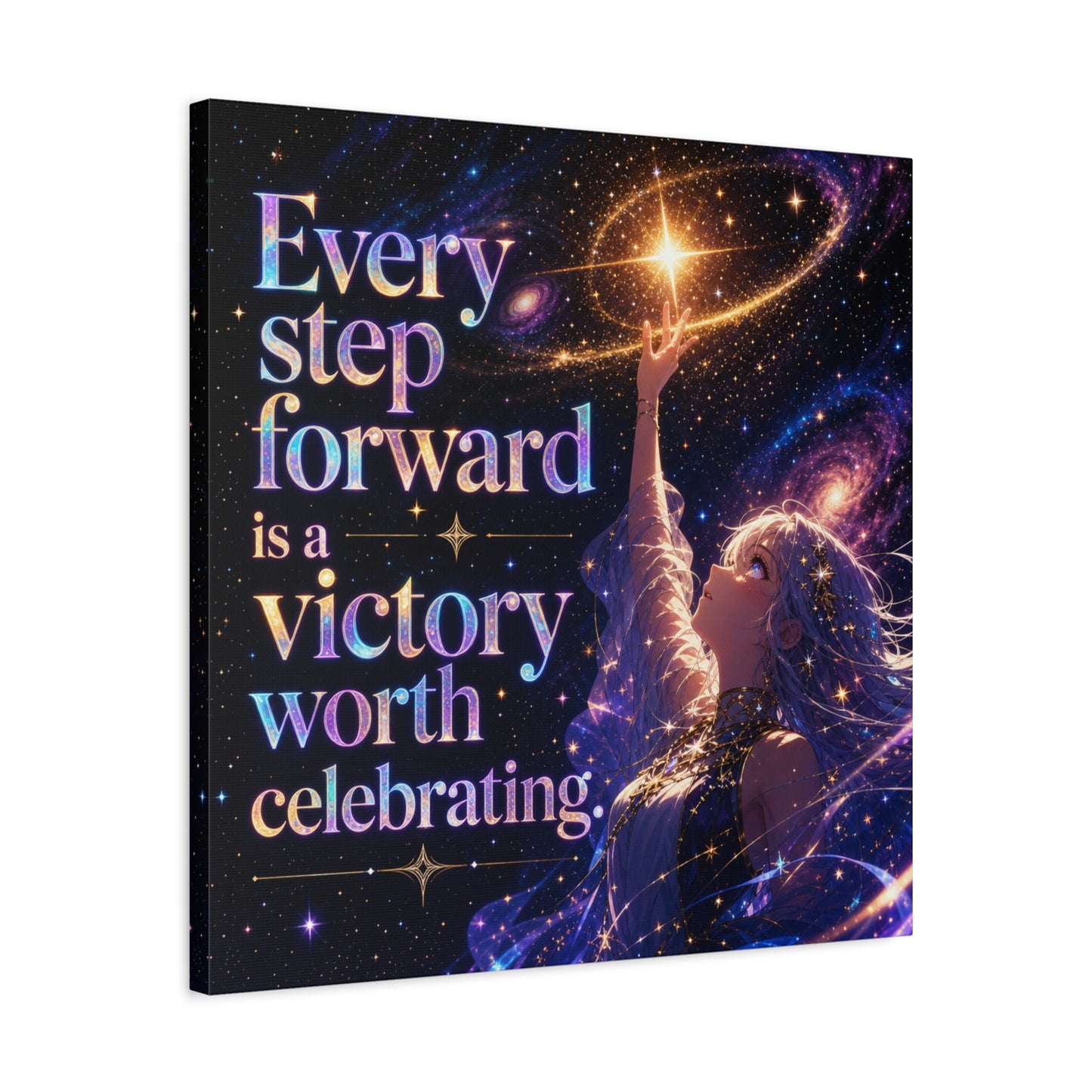 "Every Step Forward Is A Victory Worth Celebrating" Inspirational Canvas Wall Art - Cosmic Anime Girl Galaxy Quote Print - Celestial Purple Blue Decor - Bedroom Home Decoration - Office Wall Art