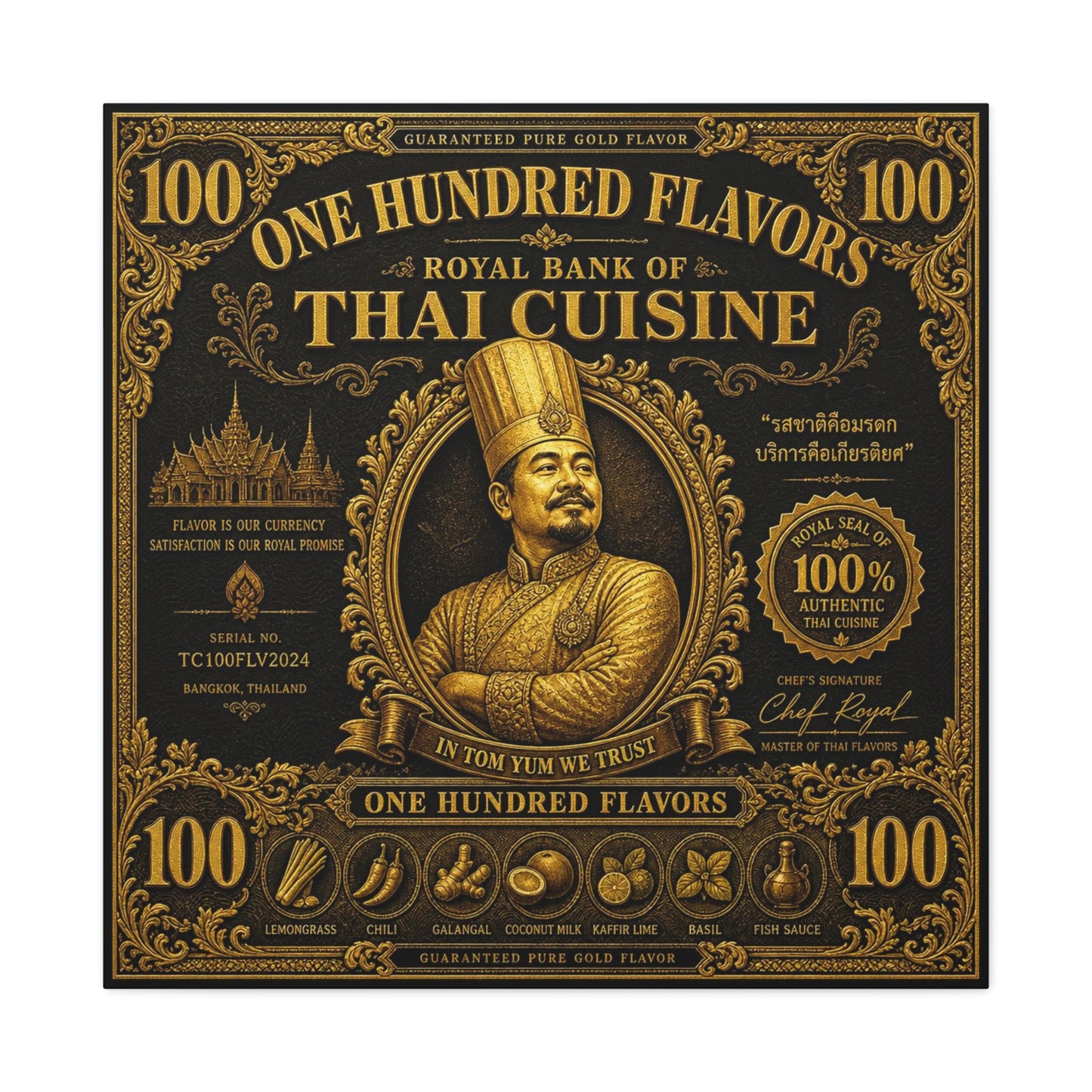 "One Hundred Flavors" Thai Cuisine Canvas Wall Art - Vintage Gold Chef Portrait, Typography Poster Print, Ornate Bangkok Illustration - Restaurant Decor, Dining Room Accent, Cafe Wall Decor