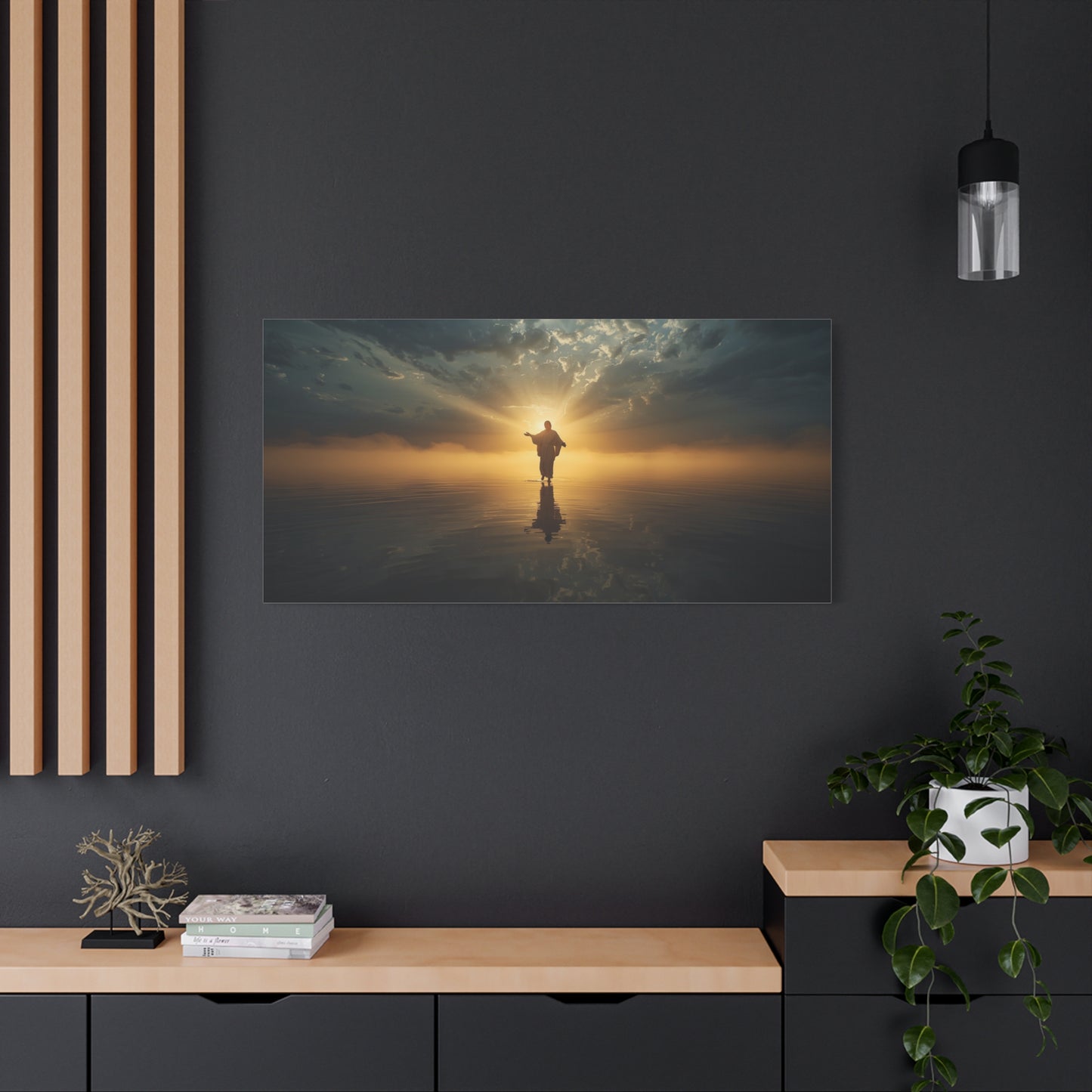 Jesus Christ Canvas Wall Art - Walking On Water At Sunrise, Dramatic Sky Reflection - Matte Cotton Print - Religious Home Decor For Living Room, Bedroom, Office Wall Accent - Bedroom Home Decoration