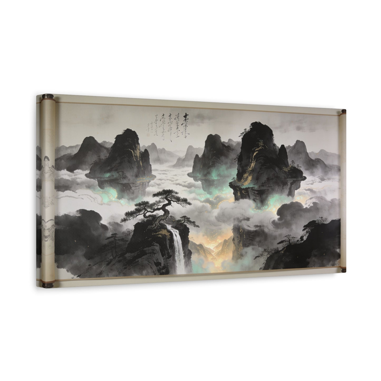 Chinese Ink Landscape Canvas Wall Art - Misty Mountain Scroll Painting, Cloud Sea Waterfall, Calligraphy Detail - Contemporary Zen Style - Living Room Wall Decor, Bedroom Home Accent - Ready to Hang
