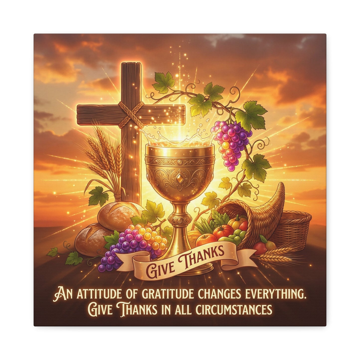 "Give Thanks" Christian Canvas Wall Art - Cross, Communion Chalice, Grapes, Bread - Gratitude Scripture Decor, Matte Cotton Print - Ready to Hang