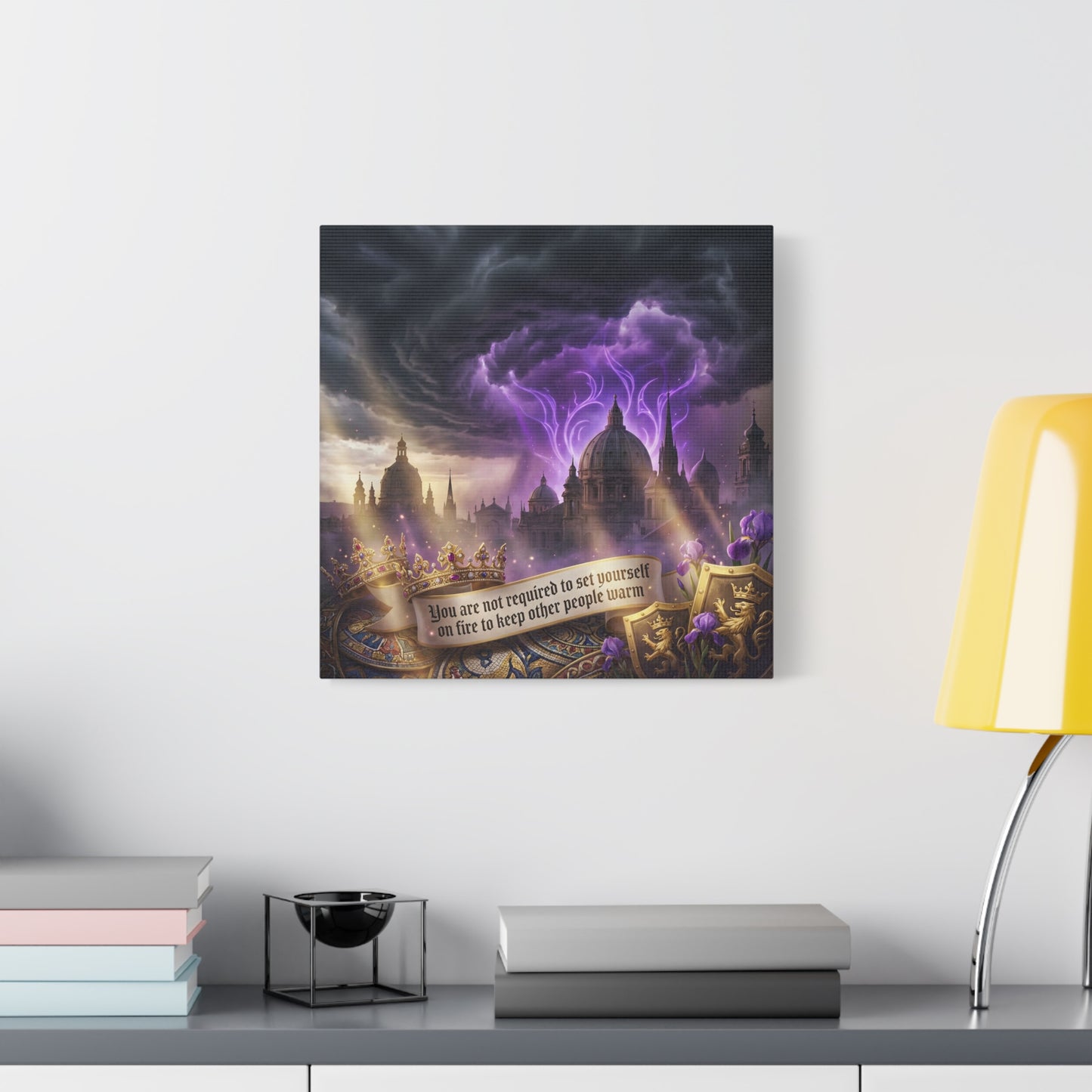 "You Are Not Required To Set Yourself On Fire" Canvas Wall Art - Gothic Castle Quote Decor, Purple Storm Sky, Crown And Iris Fantasy Print - Bedroom Home Decoration, Living Room Accent - Ready to Hang