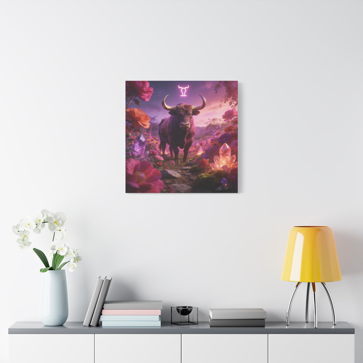 Taurus Zodiac Bull Canvas Wall Art - Neon Taurus Symbol, Floral Crystal Fantasy Print - Dreamy Purple Pink Celestial Decor - Bedroom Home Decoration, Bohemian Living Room Accent - Office Wall Art