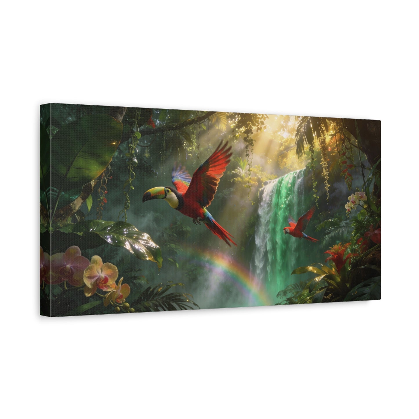 Scarlet Macaw Canvas Wall Art - Tropical Rainforest Waterfall Birds, Lush Jungle Scene, Matte Finish Canvas Print, Contemporary Nature Wall Decor For Living Room Bedroom Office - Cozy Reading Nook Art