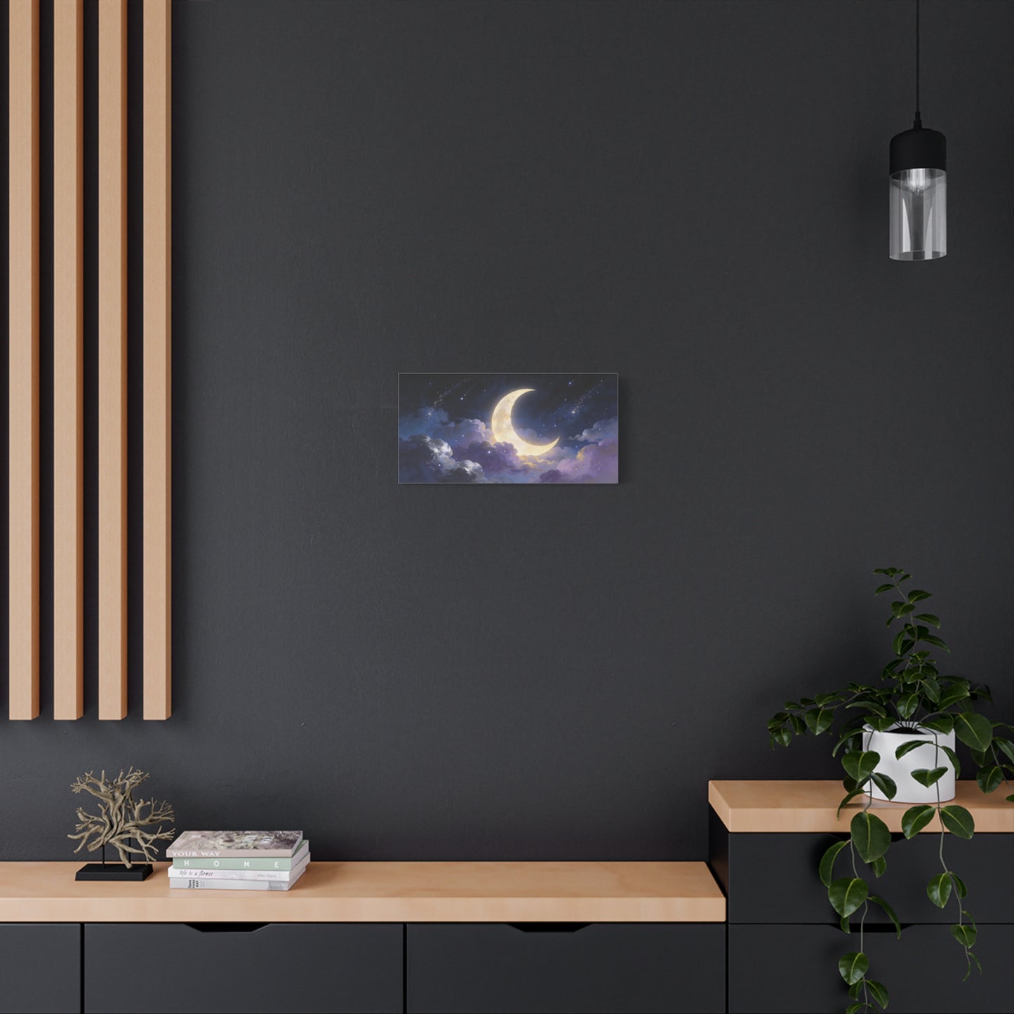 Crescent Moon Canvas Wall Art - Dreamy Night Sky Clouds, Celestial Starry Canvas Print - Contemporary Blue Gold Fantasy Decor - Bedroom Wall Decor, Living Room Home Accent - Bedroom Home Decoration