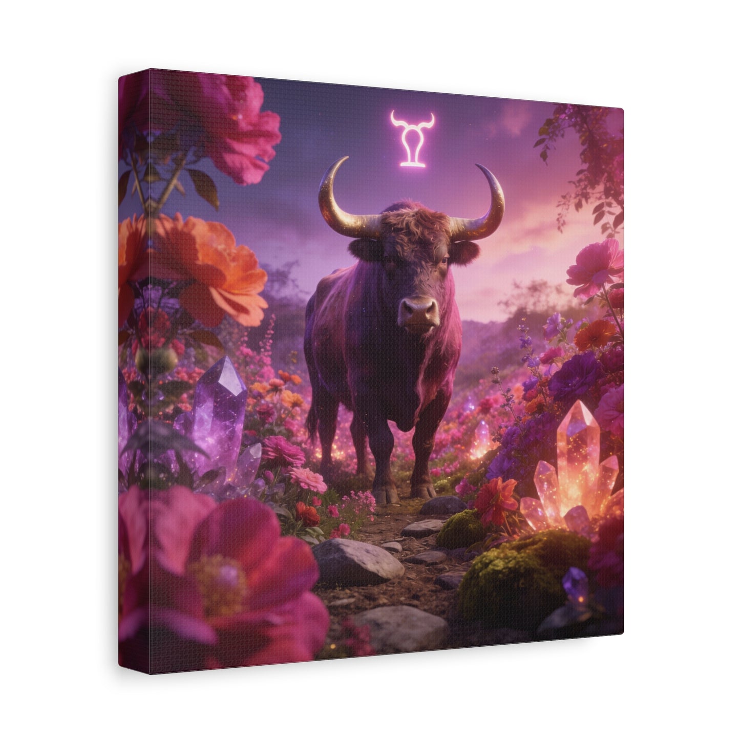 Taurus Zodiac Bull Canvas Wall Art - Neon Taurus Symbol, Floral Crystal Fantasy Print - Dreamy Purple Pink Celestial Decor - Bedroom Home Decoration, Bohemian Living Room Accent - Office Wall Art
