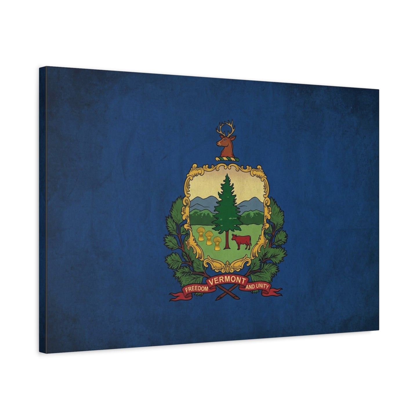 "VERMONT" State Flag Canvas Wall Art - Freedom And Unity Deer Crest Print - Vintage Blue Banner, Rustic Americana Style - Living Room Wall Decor, Office Decoration - Ready to Hang - Ready to Hang