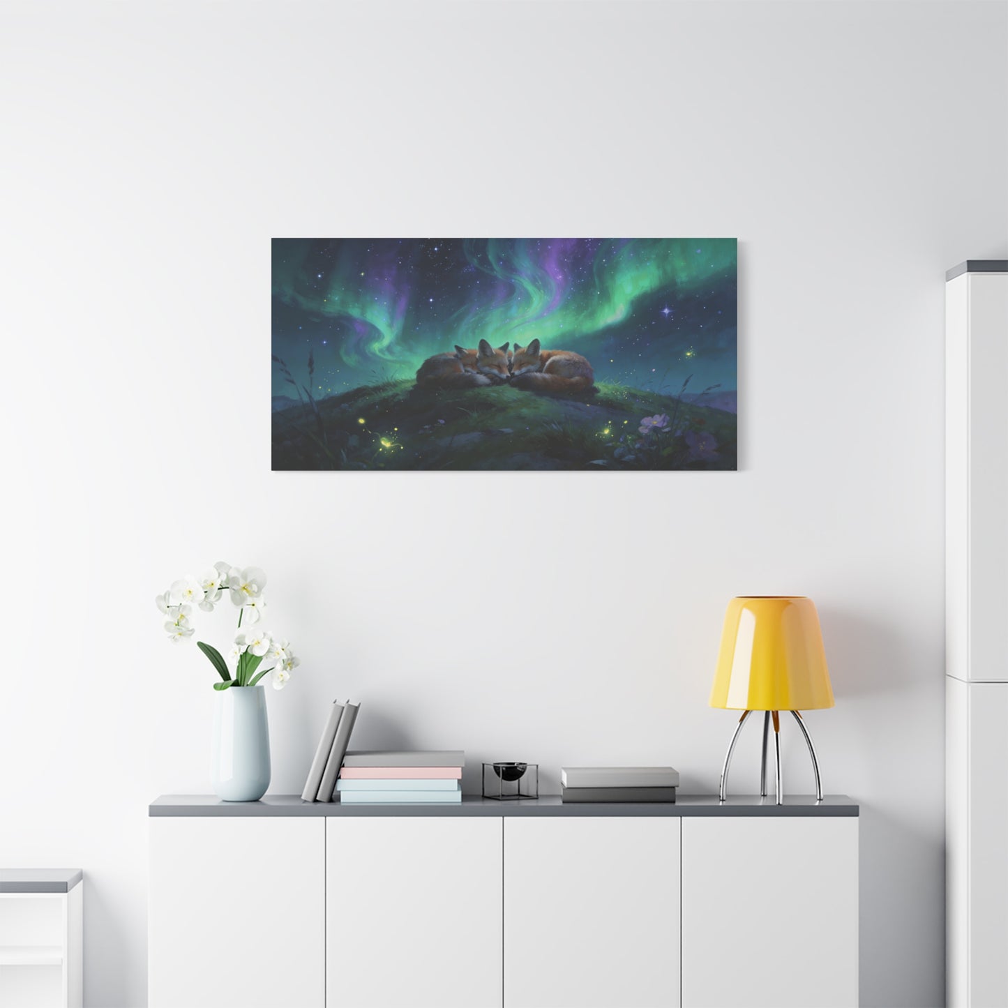 Sleeping Red Foxes Canvas Wall Art - Aurora Borealis Night Sky Animal Print - Dreamy Matte Canvas Print, Whimsical Wildlife Style - Bedroom Home Decoration, Nursery Wall Hanging - Ready to Hang