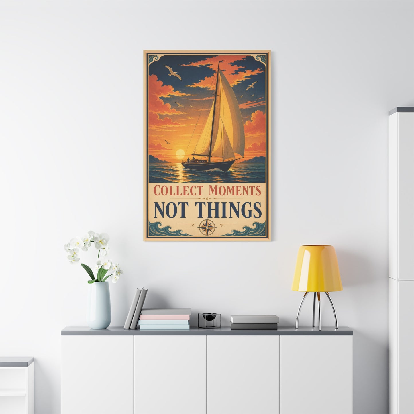 "Collect Moments Not Things" Sailboat Canvas Wall Art - Vintage Nautical Sunset Seascape, Inspirational Ocean Poster Style - Coastal Living Room Wall Decor, Bedroom Home Decoration - Ready to Hang