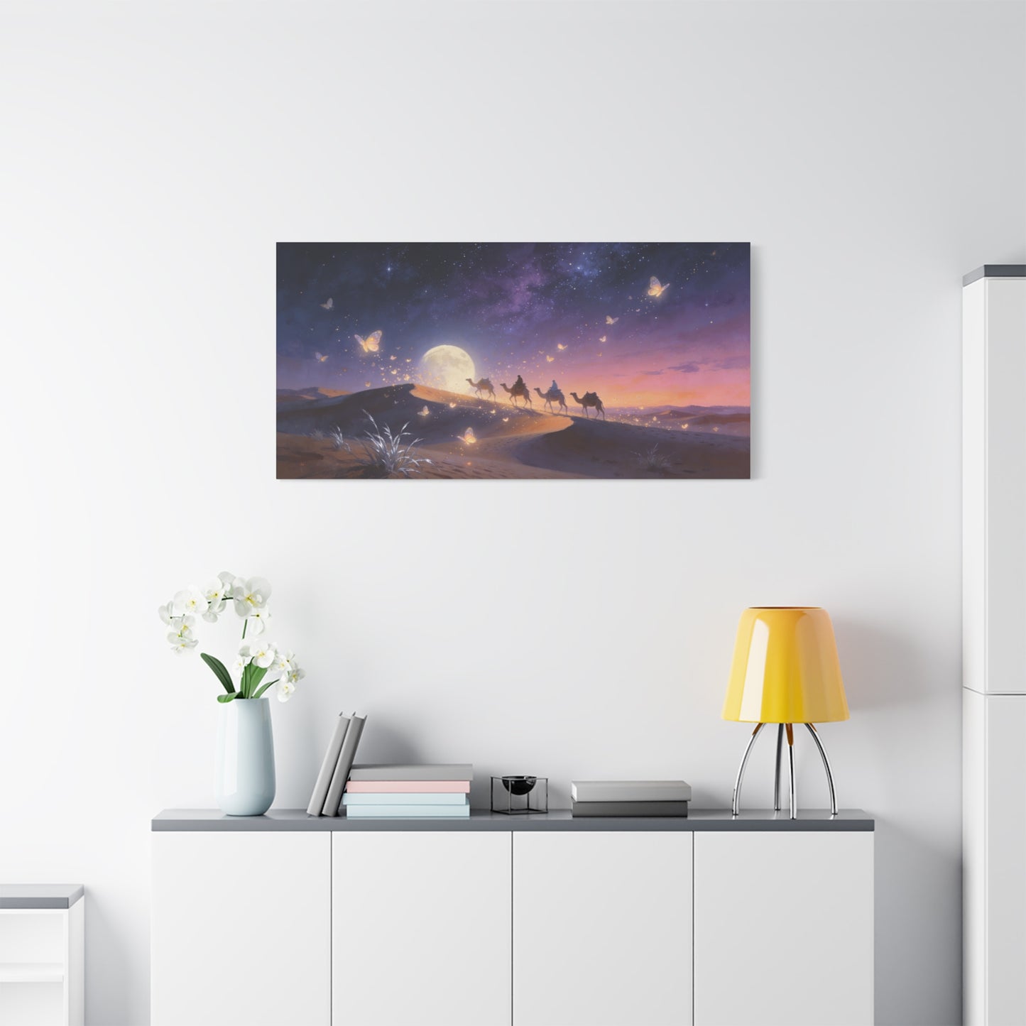 Moonlit Desert Camel Caravan Canvas Wall Art - Starry Night Butterflies, Dreamy Landscape Print - Ethereal Contemporary Style - Living Room Wall Decor, Bedroom Home Decoration - Modern Farmhouse Style