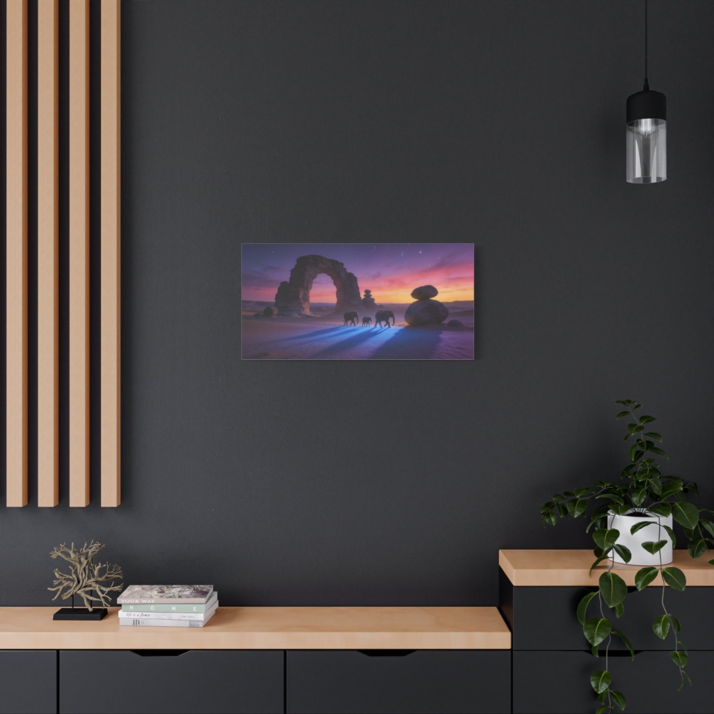 Desert Elephant Canvas Wall Art - Rock Arch Sunset Landscape, Surreal Starry Sky - Matte Cotton Art Print - Contemporary Style, Living Room Wall Decor, Bedroom Home Decoration - Modern Farmhouse Style