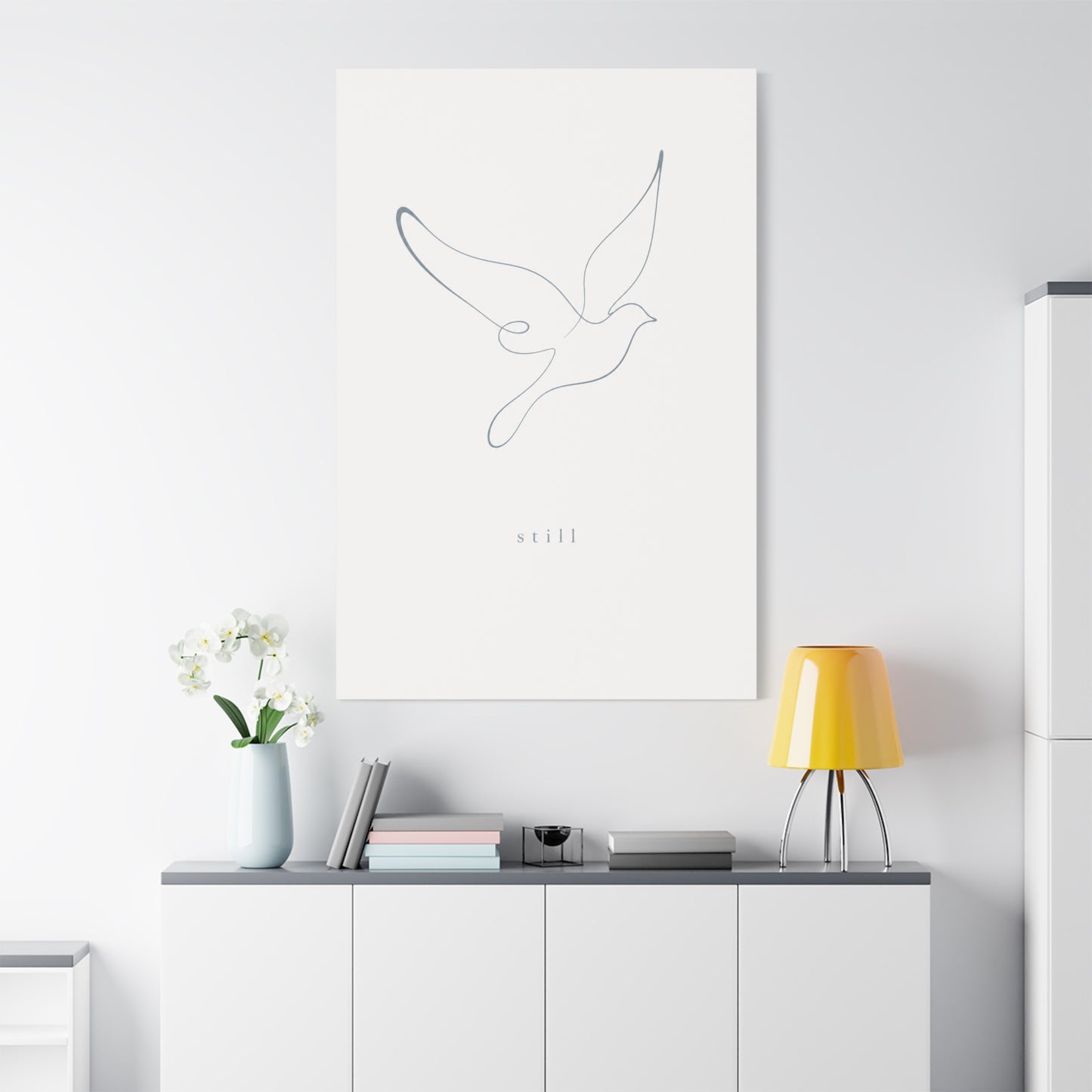 "Still" Dove Canvas Wall Art - Minimalist Line Drawing Bird Print, Calm Neutral Typography Decor - Modern Bedroom Home Decoration, Meditation Space Accent, Living Room Wall Decor - Ready to Hang