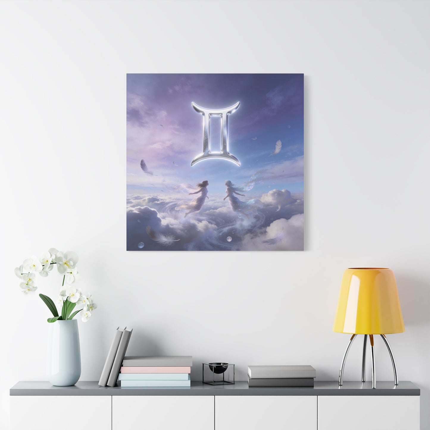 Gemini Zodiac Canvas Art Print - Glowing Twin Symbol, Ethereal Sky Illustration - Dreamy Celestial Typography Style - Cotton Canvas Decor For Bedroom, Living Space, Meditation Room - Office Wall Art