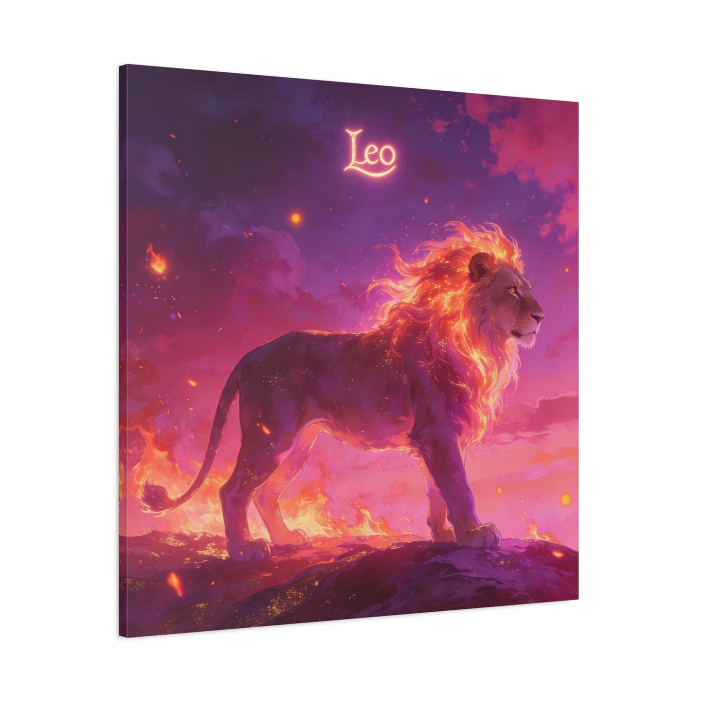 "Leo" Lion Canvas Wall Art - Fiery Zodiac Illustration, Purple Pink Sky, Matte Finish Canvas Print - Modern Astrology Decor, Bedroom Home Decoration, Office Wall Art Accent - Bedroom Home Decoration