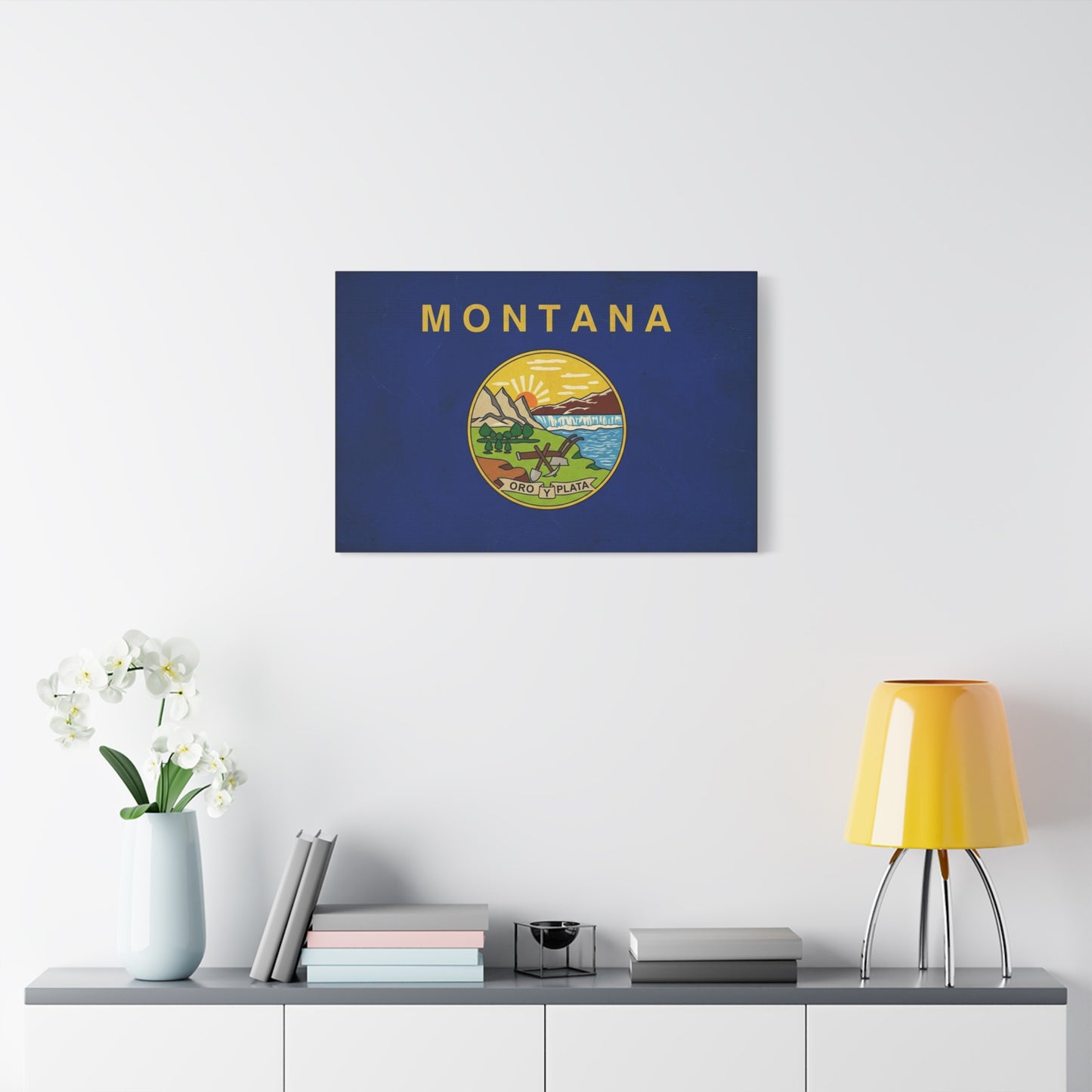 "Montana" State Flag Canvas Wall Art - Oro Y Plata Vintage Flag Print, Blue Western Decor - Rustic Americana Style - Living Room Wall Decor, Office Art - Bedroom Home Decoration - Ready to Hang