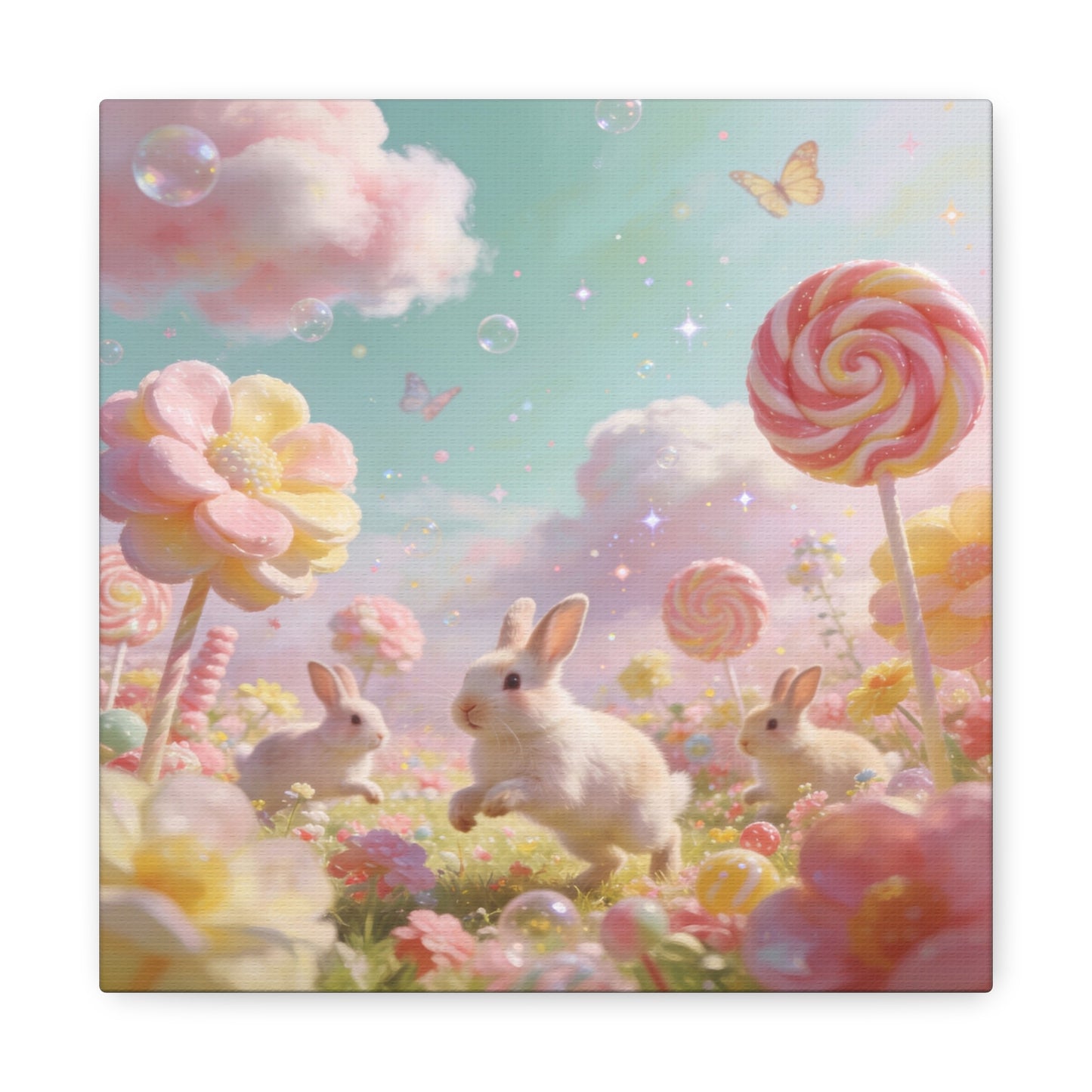 Bunny Candyland Canvas Wall Art - Pastel Rabbit Meadow, Lollipop Flowers, Dreamy Nursery Wall Decor - Whimsical Illustration - Bedroom Home Decoration, Kids Room Accent - Bedroom Home Decoration