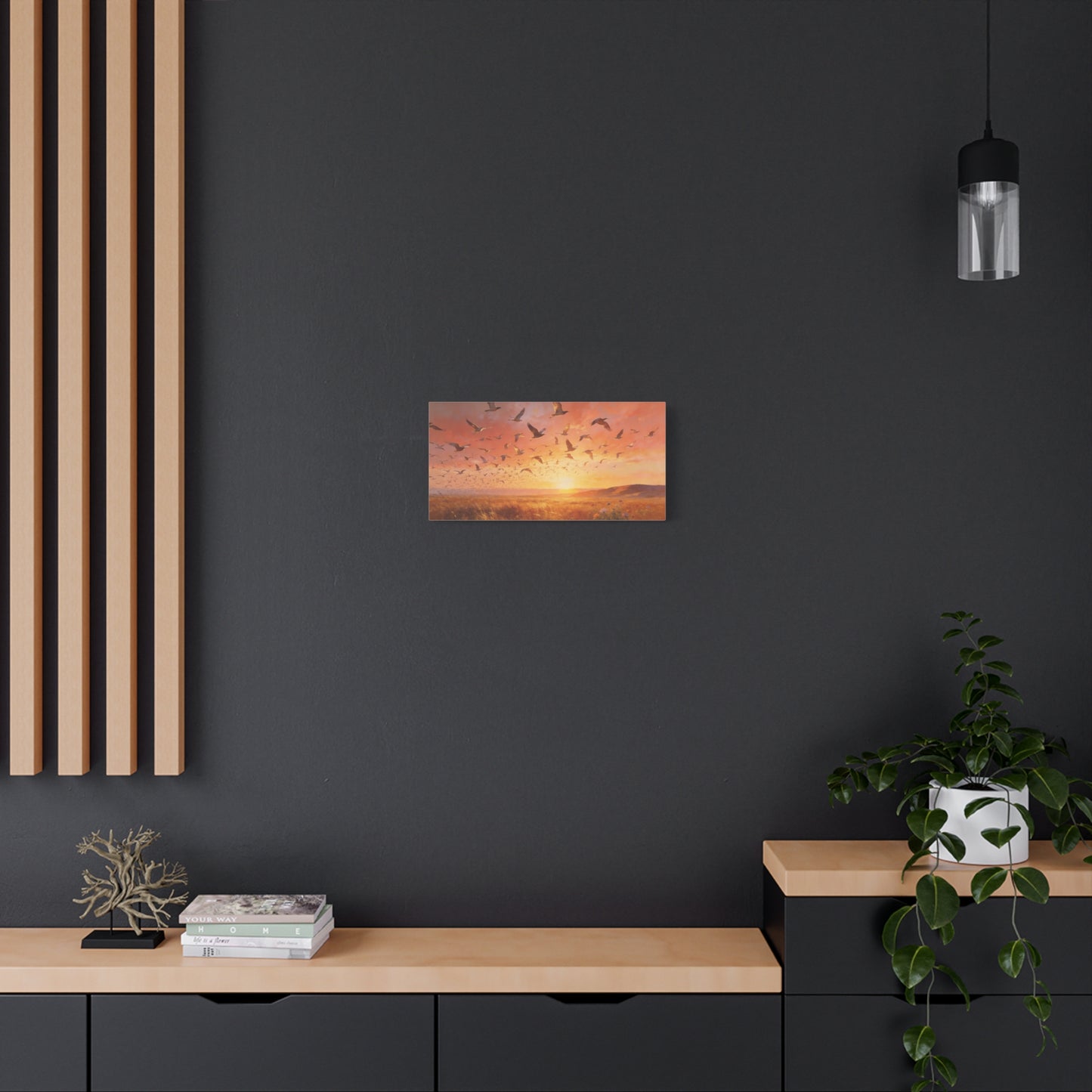 Flock Of Seabirds Canvas Wall Art - Sunset Meadow Landscape Print, Warm Golden Sky, Painterly Nature Scene - Contemporary Style - Living Room Wall Decor Bedroom Decoration - Bedroom Home Decoration