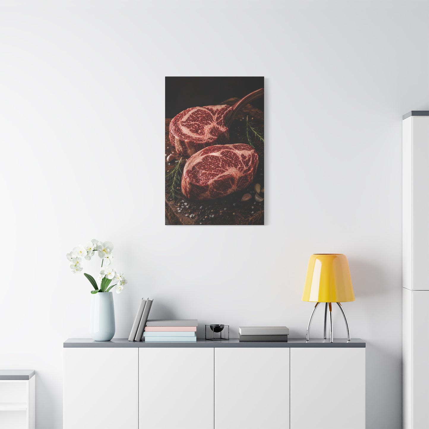 Raw Ribeye Steak Canvas Wall Art - Rustic Food Art Print, Butcherhouse Kitchen Decor, Cotton Art Print, Moody Culinary Still Life - Dining Room Accent, Restaurant Wall Decor - Modern Farmhouse Style