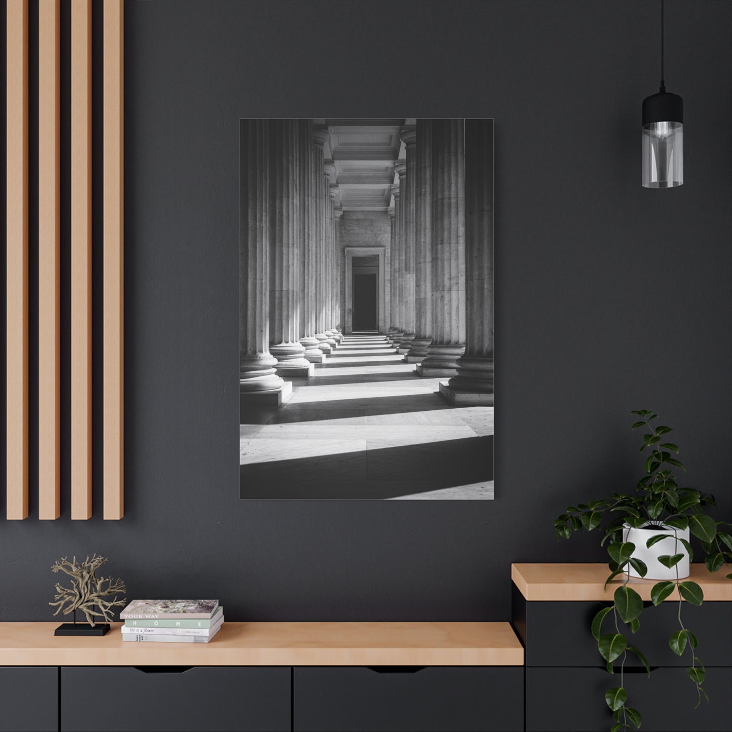 Black And White Classical Column Hallway Canvas Wall Decor - Architectural Art Print, Dramatic Light And Shadow, Minimalist Interior Accent - Living Room Decoration Office Display