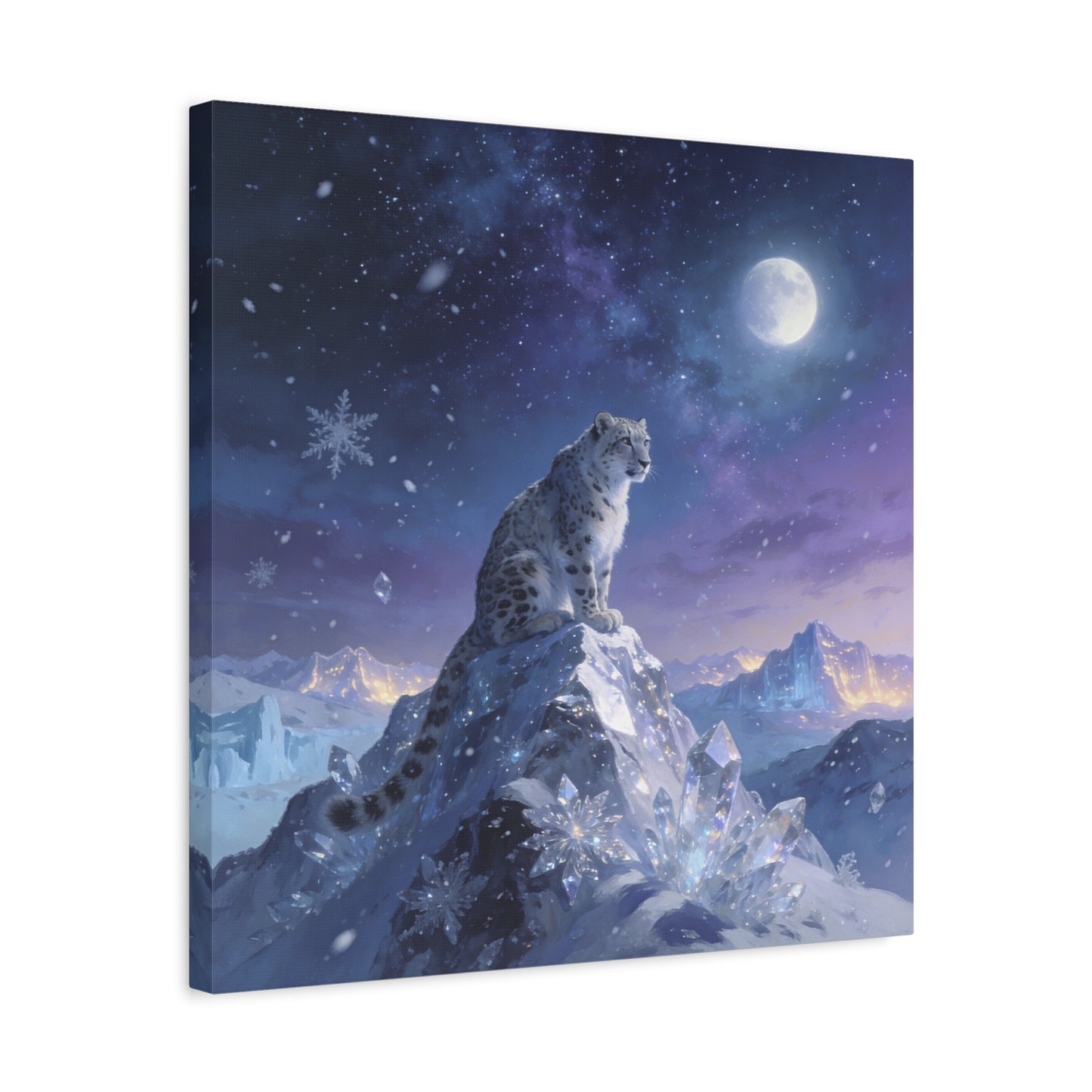 Snow Leopard Canvas Wall Art - Moonlit Arctic Crystal Landscape, Fantasy Wildlife Print - Matte Cotton Canvas - Contemporary Winter Style - Living Room Wall Decor Bedroom Home Decoration