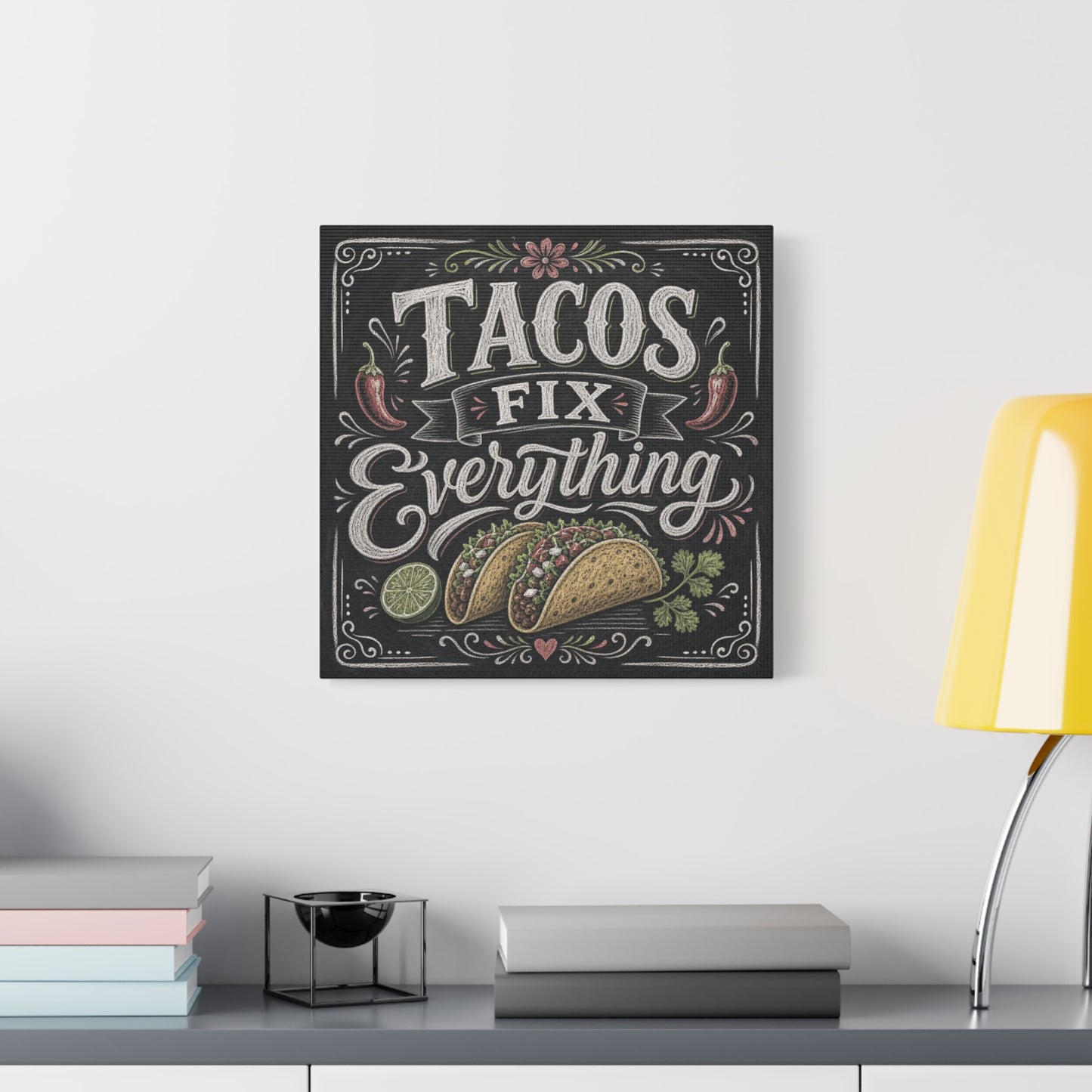 "Tacos Fix Everything" Canvas Wall Art - Chalkboard Taco Kitchen Print, Rustic Typography Decor - Matte Cotton Art Print - Farmhouse Dining Room Accent, Cafe Interior Style - Living Room Wall Decor