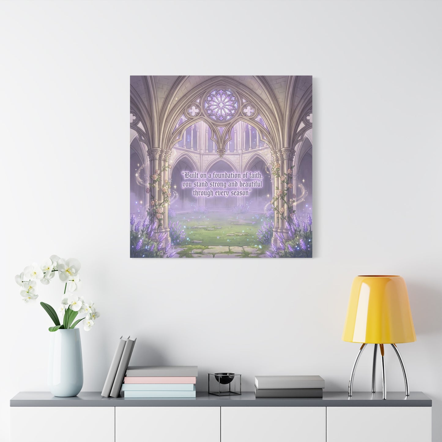 "Built On A Foundation Of Faith, You Stand Strong And Beautiful Through Every Season" Canvas Wall Art - Gothic Cathedral Arch Quote Print - Lavender Floral Decor For Bedroom Living Room