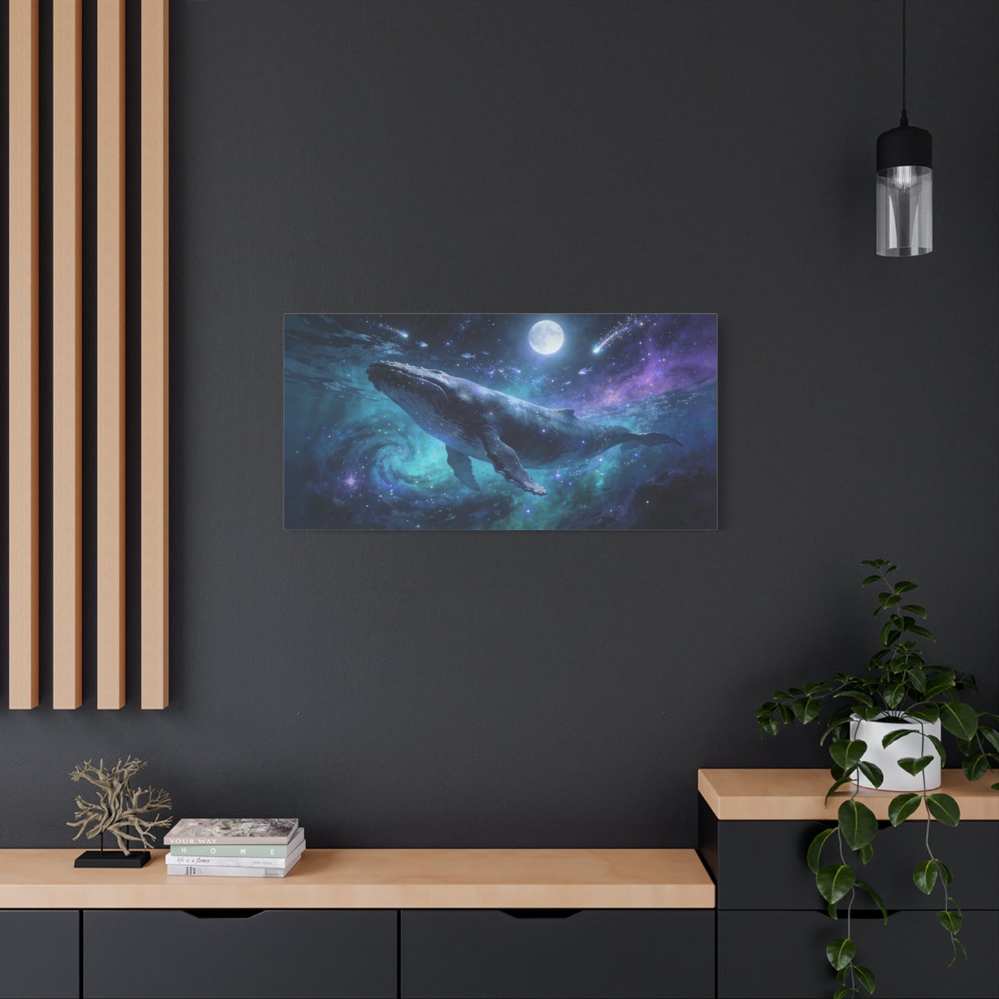 Humpback Whale Canvas Wall Art - Celestial Ocean Galaxy Painting, Moonlit Space Seascape Print - Matte Cotton Canvas - Contemporary Fantasy Style - Living Room Wall Decor - Bedroom Home Decoration