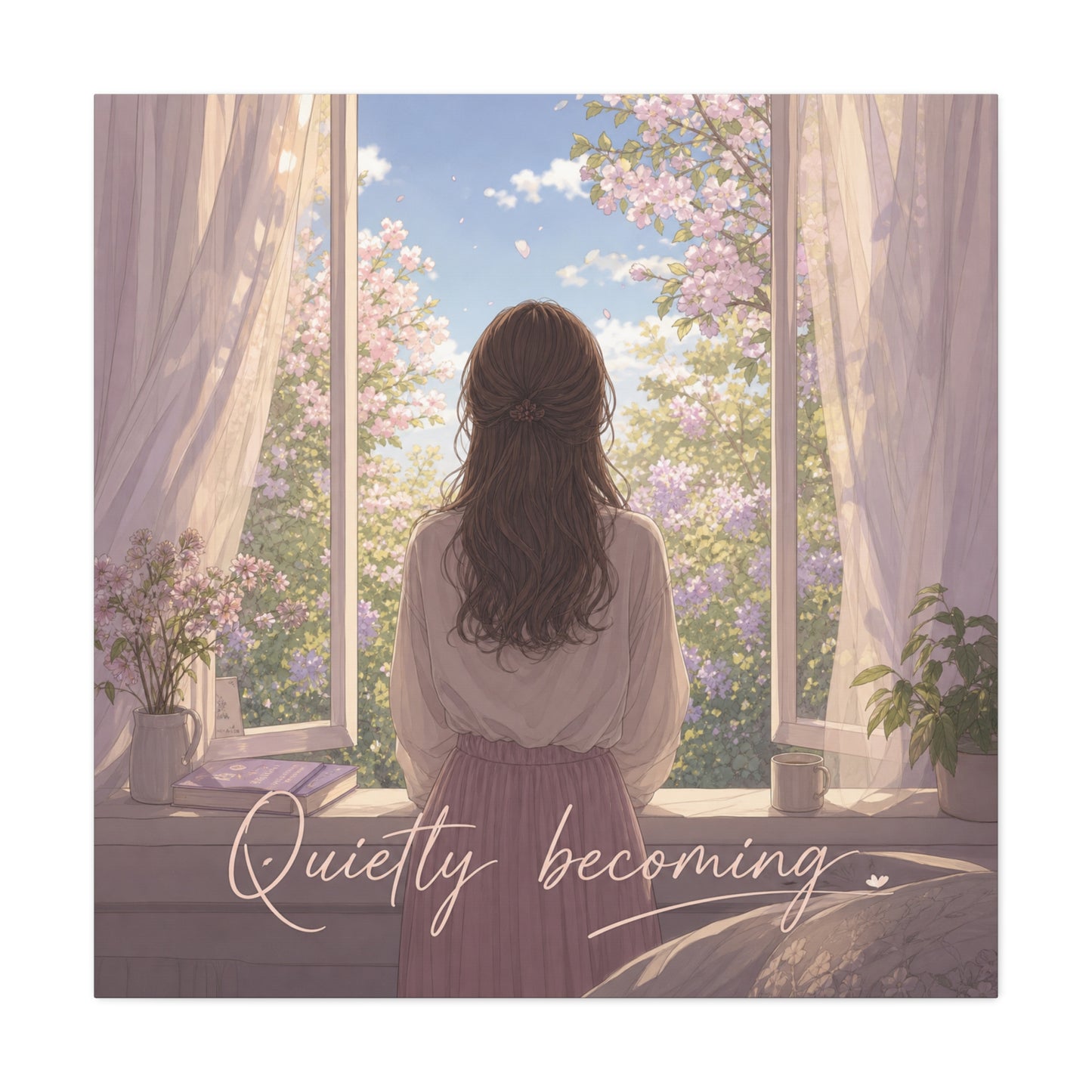 "Quietly Becoming" Girl At Window Canvas Wall Art - Cherry Blossom Bedroom Decor, Soft Pastel Inspirational Print, Dreamy Feminine Room Decoration - Bedroom Home Decoration - Living Room Wall Decor