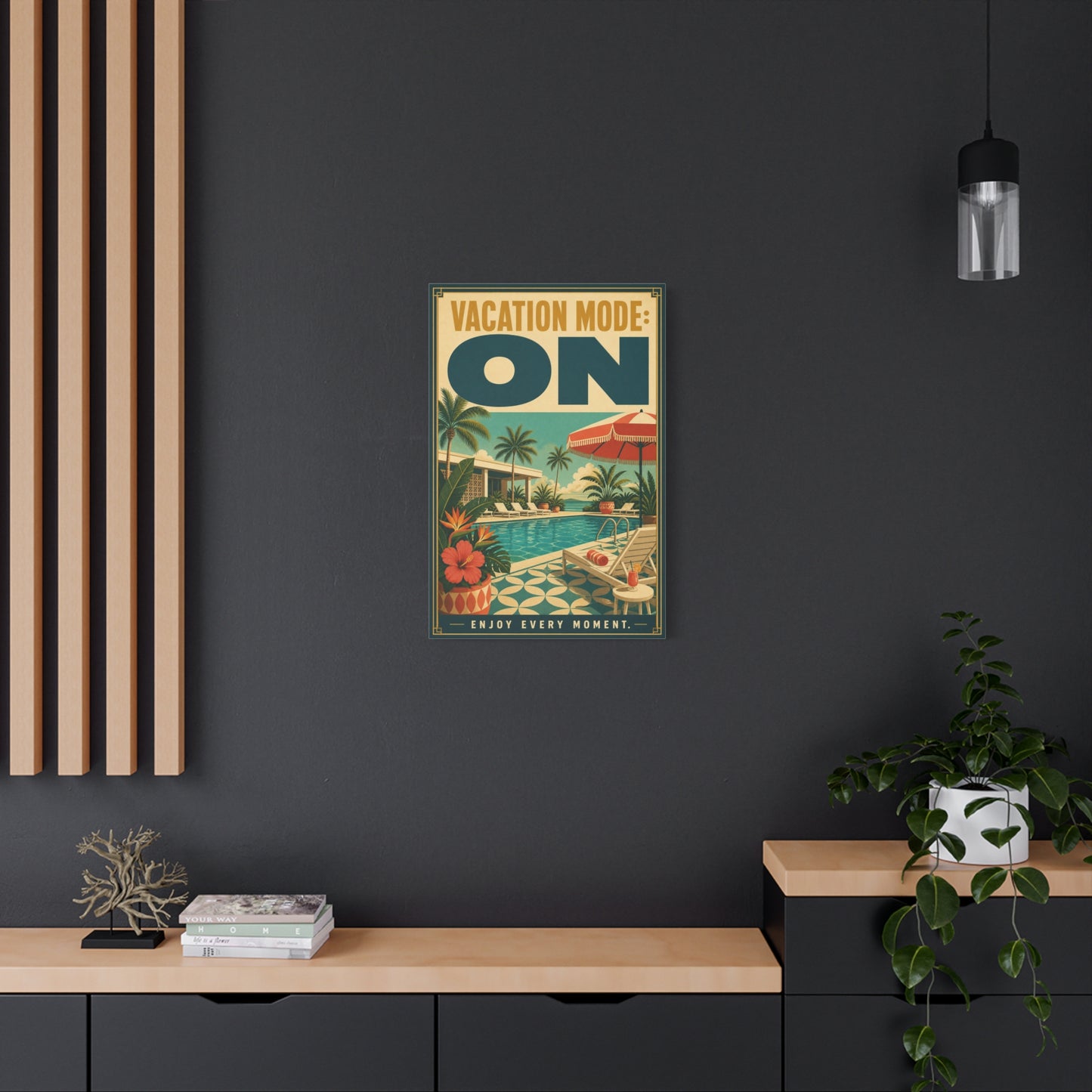 "Vacation Mode: On" Tropical Poolside Canvas Wall Art - Retro Resort Poster Print, Palm Tree Coastal Decor, Vintage Travel Style, Living Room Wall Decor, Vacation Rental Decoration - Ready to Hang