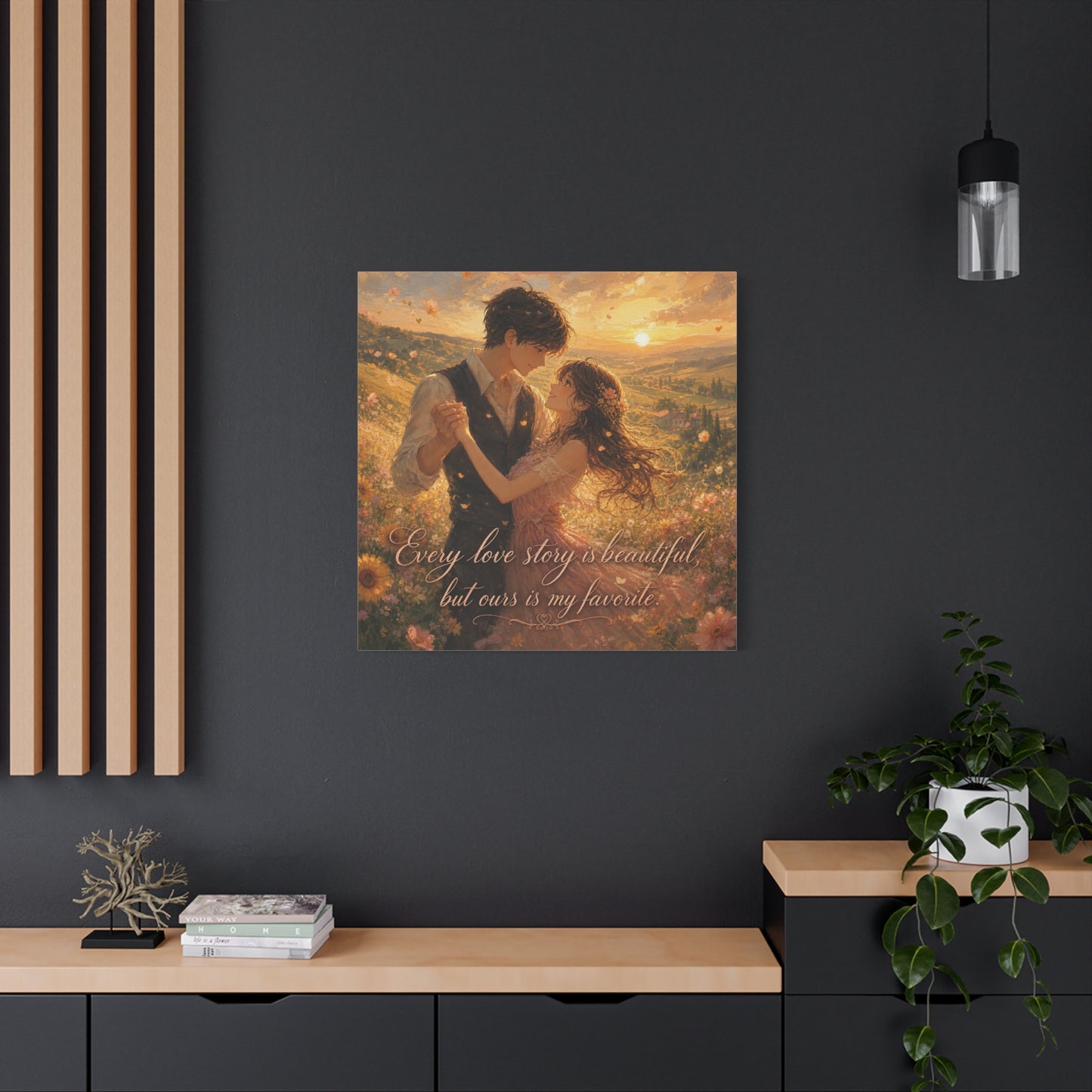 "Every Love Story Is Beautiful, But Ours Is My Favorite" Romantic Couple Canvas Wall Art - Golden Sunset Wildflower Field - Dreamy Rustic Style - Bedroom Wall Decor - Ready to Hang - Ready to Hang