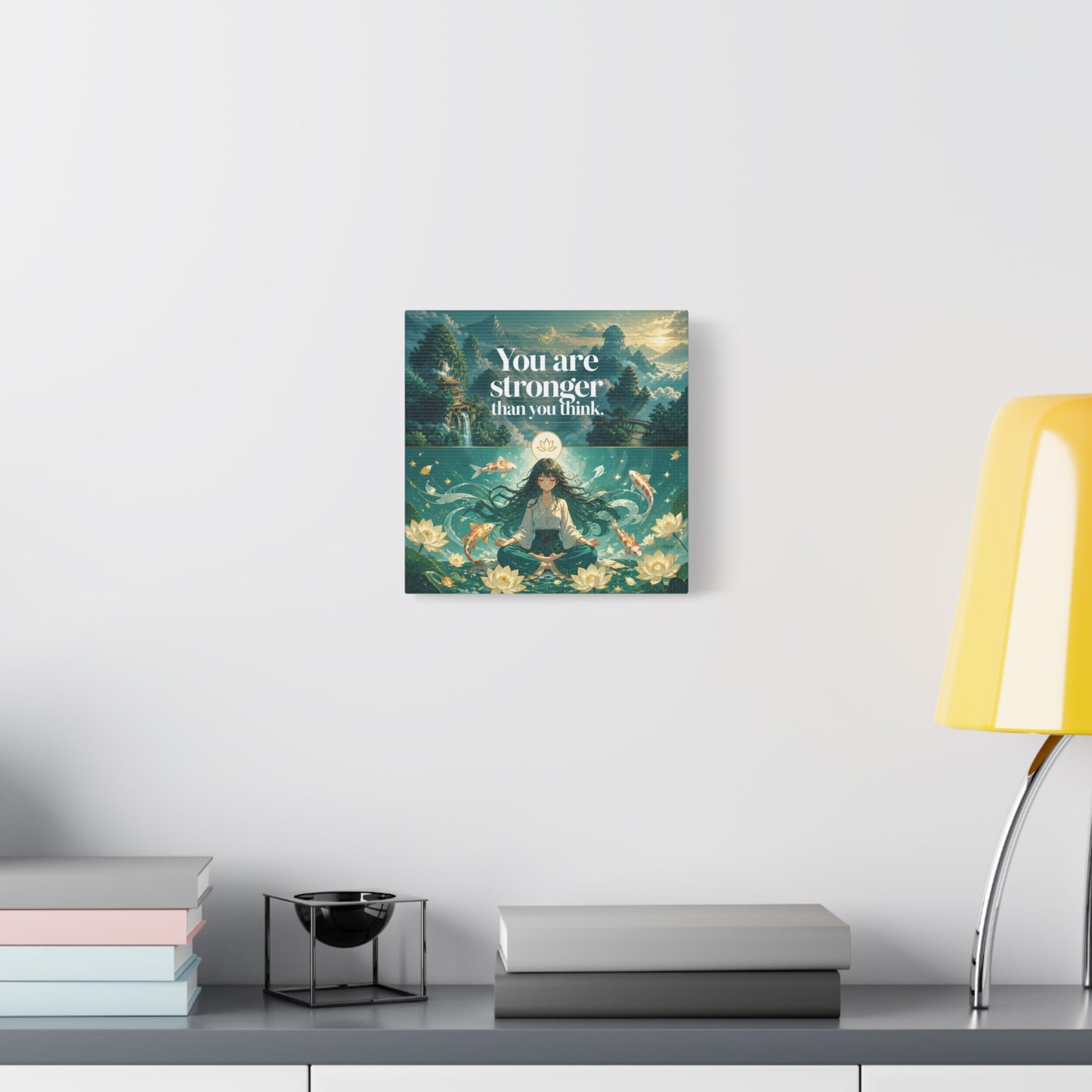 "You Are Stronger Than You Think." Inspirational Canvas Wall Art - Meditating Girl, Koi Fish, Lotus Lake - Zen Fantasy Landscape - Bedroom Wall Decor, Meditation Space, Jellyfish Room Decor