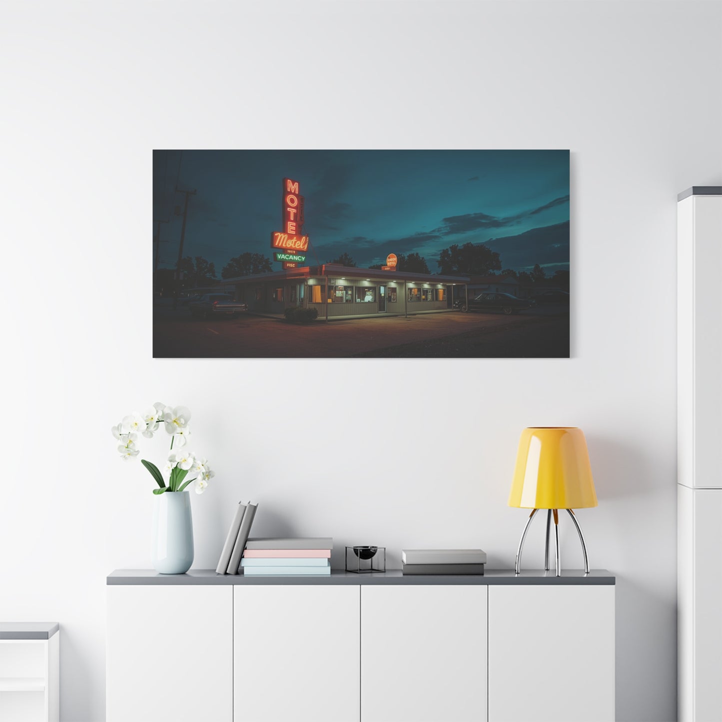 Neon Motel Canvas Wall Art - Vintage Roadside Motel Art Print, Blue Night Sky, Retro Americana Style - Living Room Wall Decor, Home Decoration, Office Art Accent - Bedroom Home Decoration