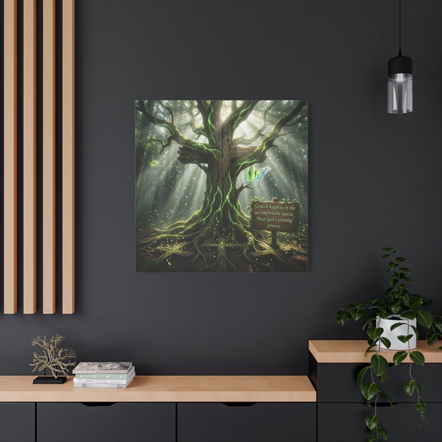 "Growth Happens In The Uncomfortable Spaces, Trust God's Pruning Process" Christian Canvas Wall Art - Forest Tree Cross, Butterfly - Inspirational Rustic Decor - Living Room Wall Decor - Ready to Hang