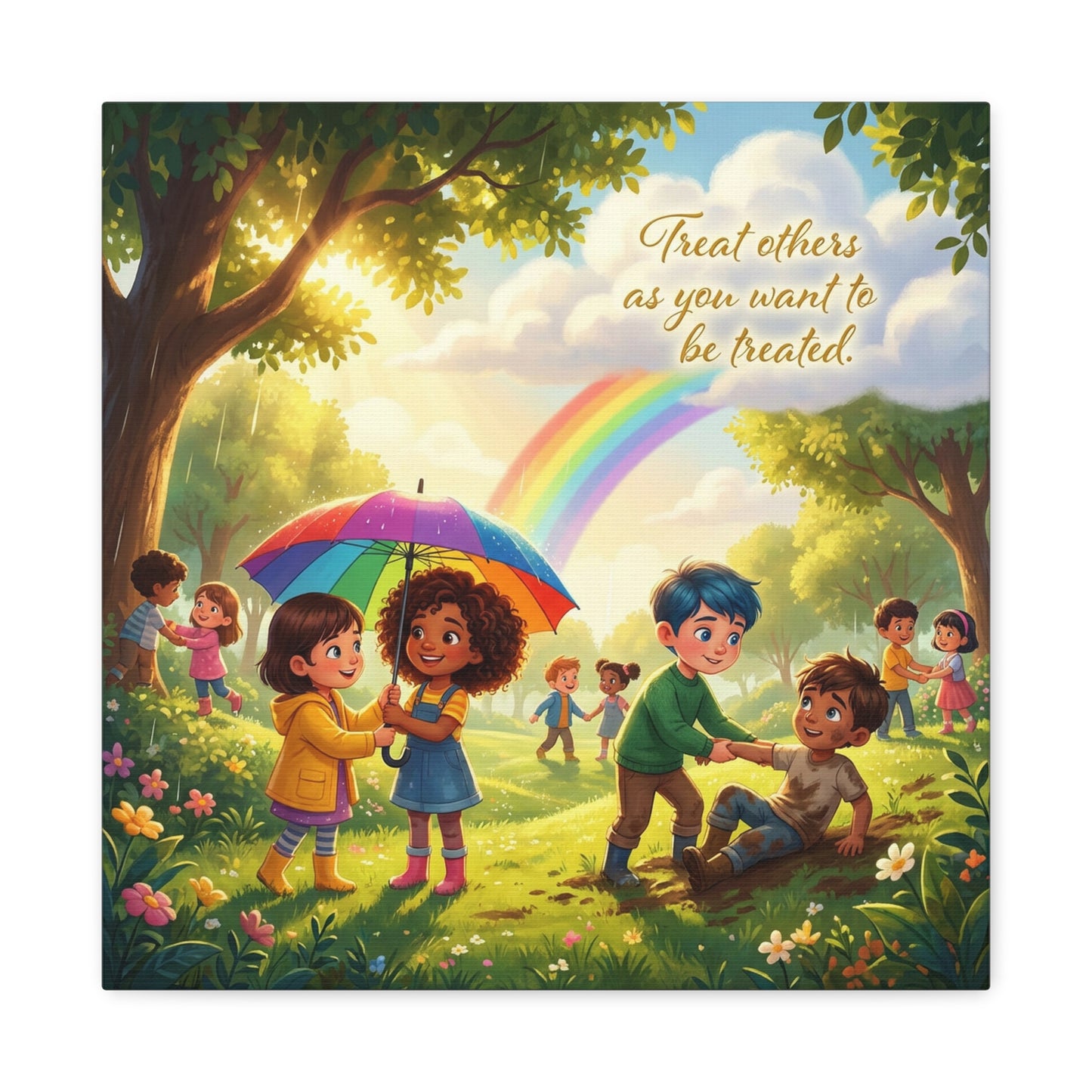 "Treat Others As You Want To Be Treated" Kids Canvas Wall Art - Rainbow Kindness Quote, Children Helping In Sunny Park - Matte Cotton Print - Playroom Classroom Decor, Nursery Wall Hanging