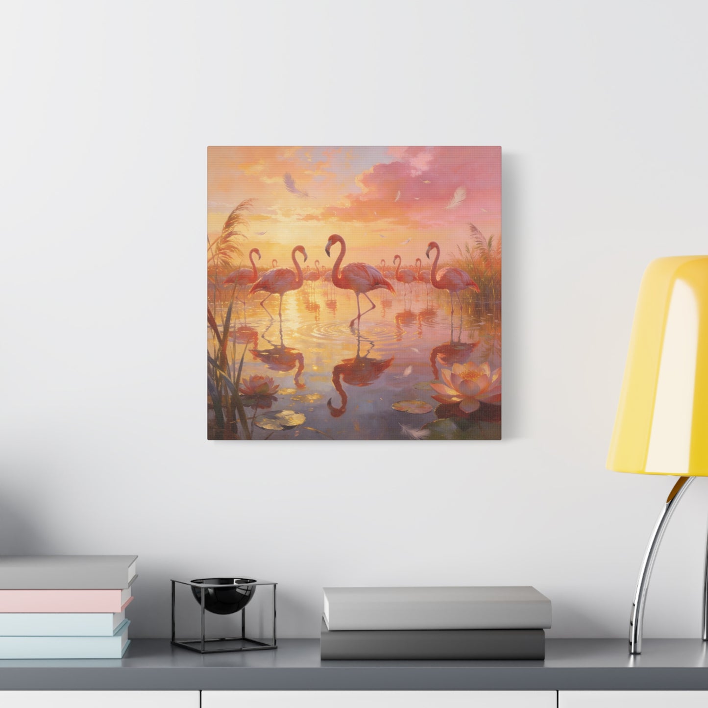 Pink Flamingo Canvas Wall Art - Sunset Wetland Birds, Lotus Pond Reflections - Dreamy Tropical Illustration, Matte Canvas Print - Living Room Wall Decor, Bedroom Home Decoration - Ready to Hang