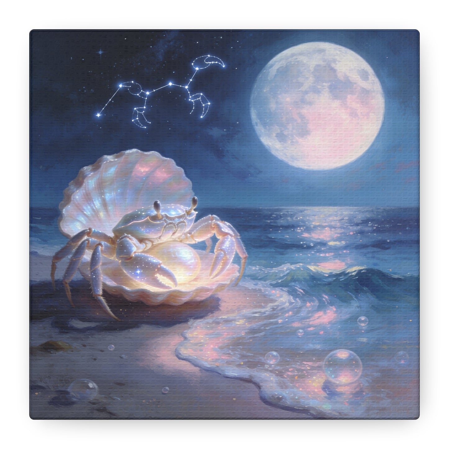 Moonlit Crab Canvas Wall Art - Zodiac Cancer Seascape, Pearl Shell Ocean Night Decor - Dreamy Coastal Illustration, capiz shells wall decor, Bedroom Home Decoration - Bedroom Home Decoration