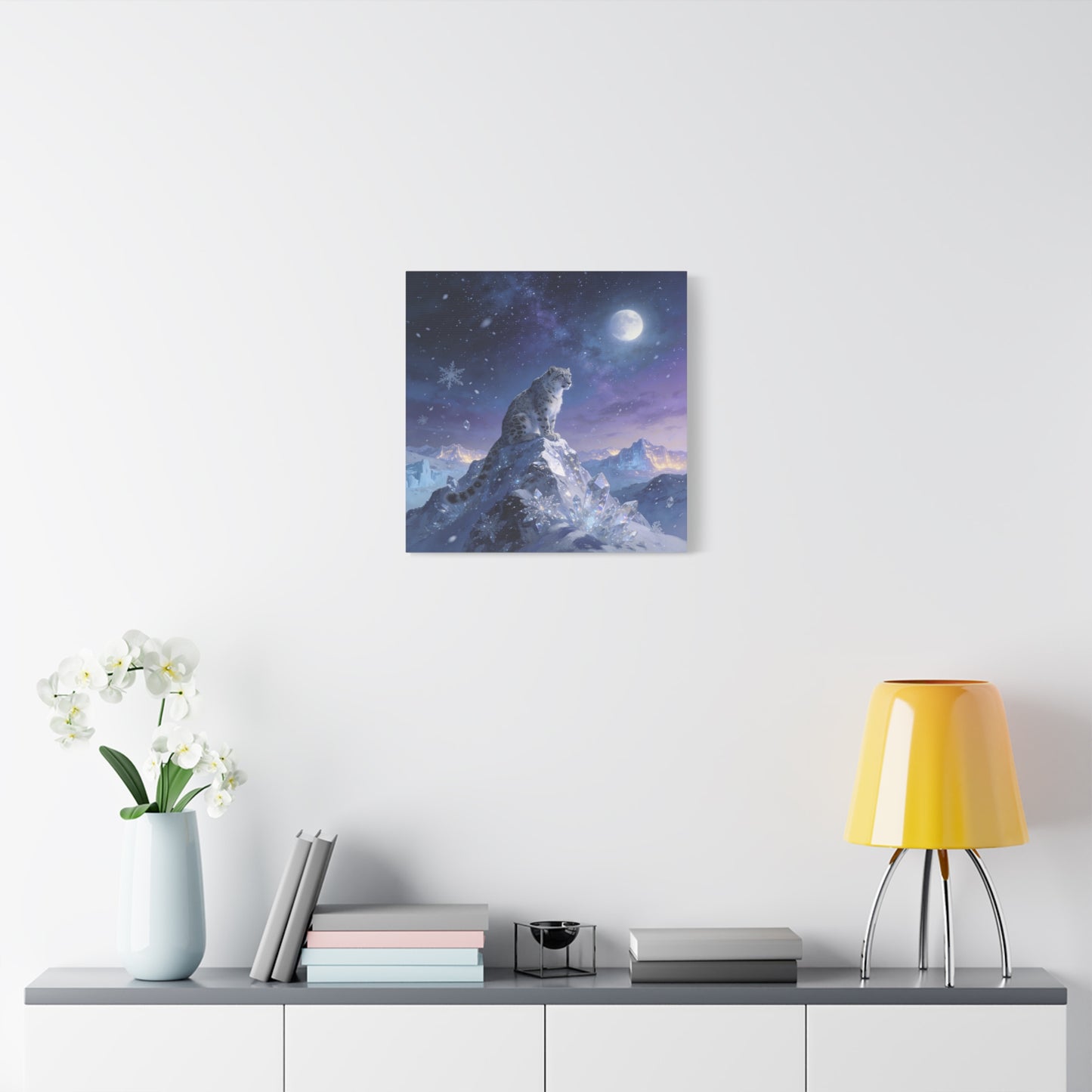 Snow Leopard Canvas Wall Art - Moonlit Arctic Crystal Landscape, Fantasy Wildlife Print - Matte Cotton Canvas - Contemporary Winter Style - Living Room Wall Decor Bedroom Home Decoration