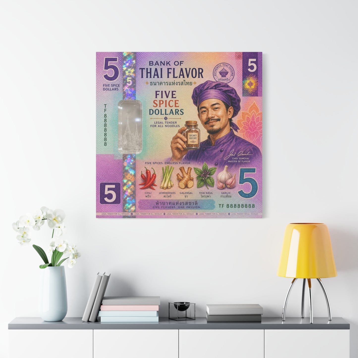 "Bank Of Thai Flavor" Thai Chef Canvas Wall Art - Five Spice Dollars Food Illustration, Colorful Typography Print, Eclectic Kitchen Decor, Cafe Wall Decor, Restaurant Wall Accent - Ready to Hang