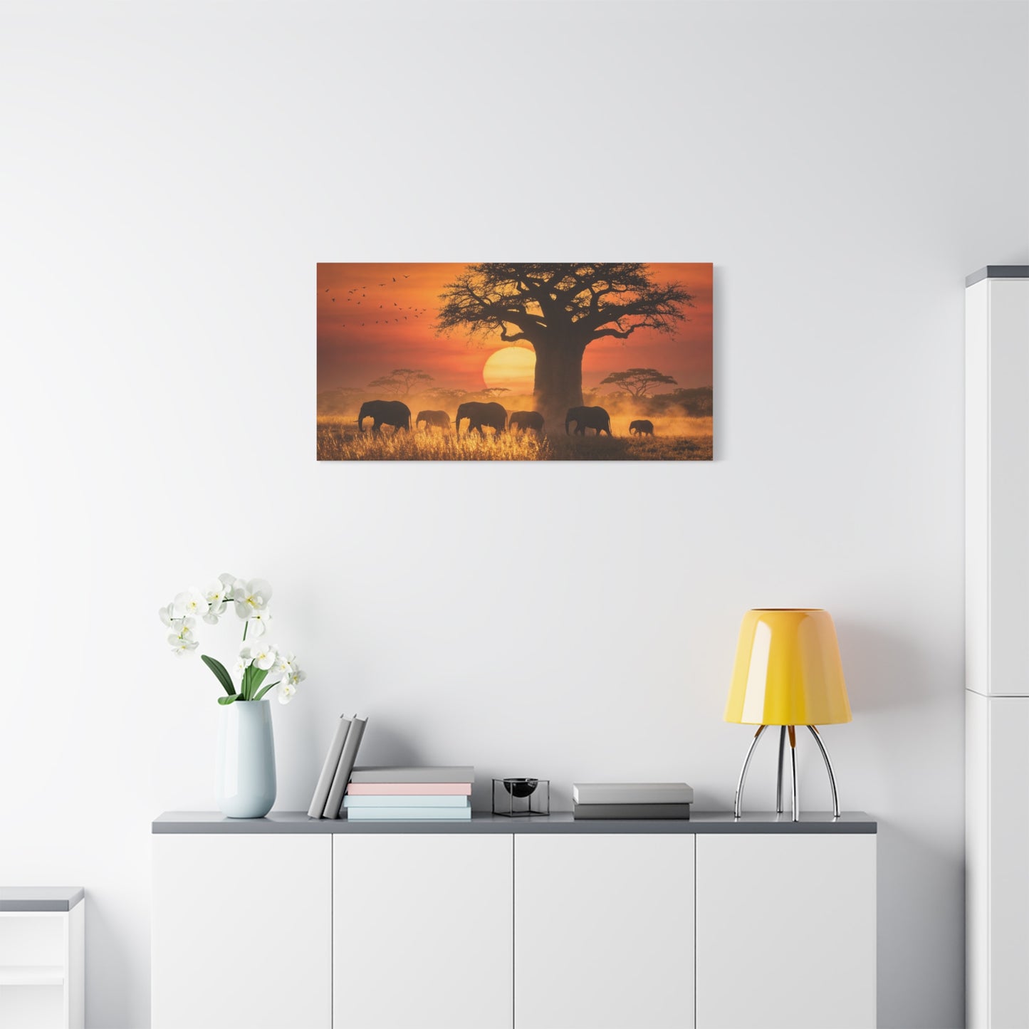 African Elephant Sunset Canvas Wall Art - Baobab Tree Safari Scene, Golden Savanna Wildlife Print - Matte Cotton Canvas, Rustic Contemporary Style - Living Room Wall Decor - Bedroom Home Decoration