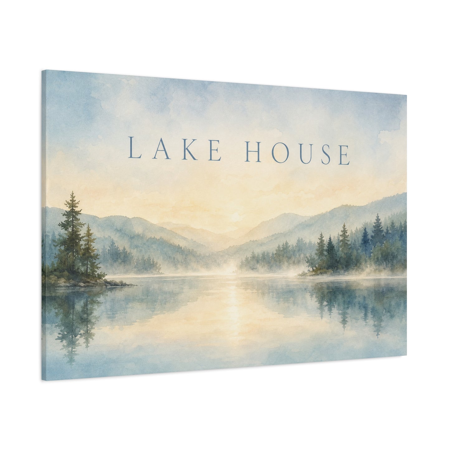 "Lake House" Canvas Wall Art - Misty Mountain Watercolor Landscape Print, Serene Cabin Decor, Rustic Retreat Wall Hanging, Bedroom Home Decoration, Entryway Accent, Vacation Rental Style