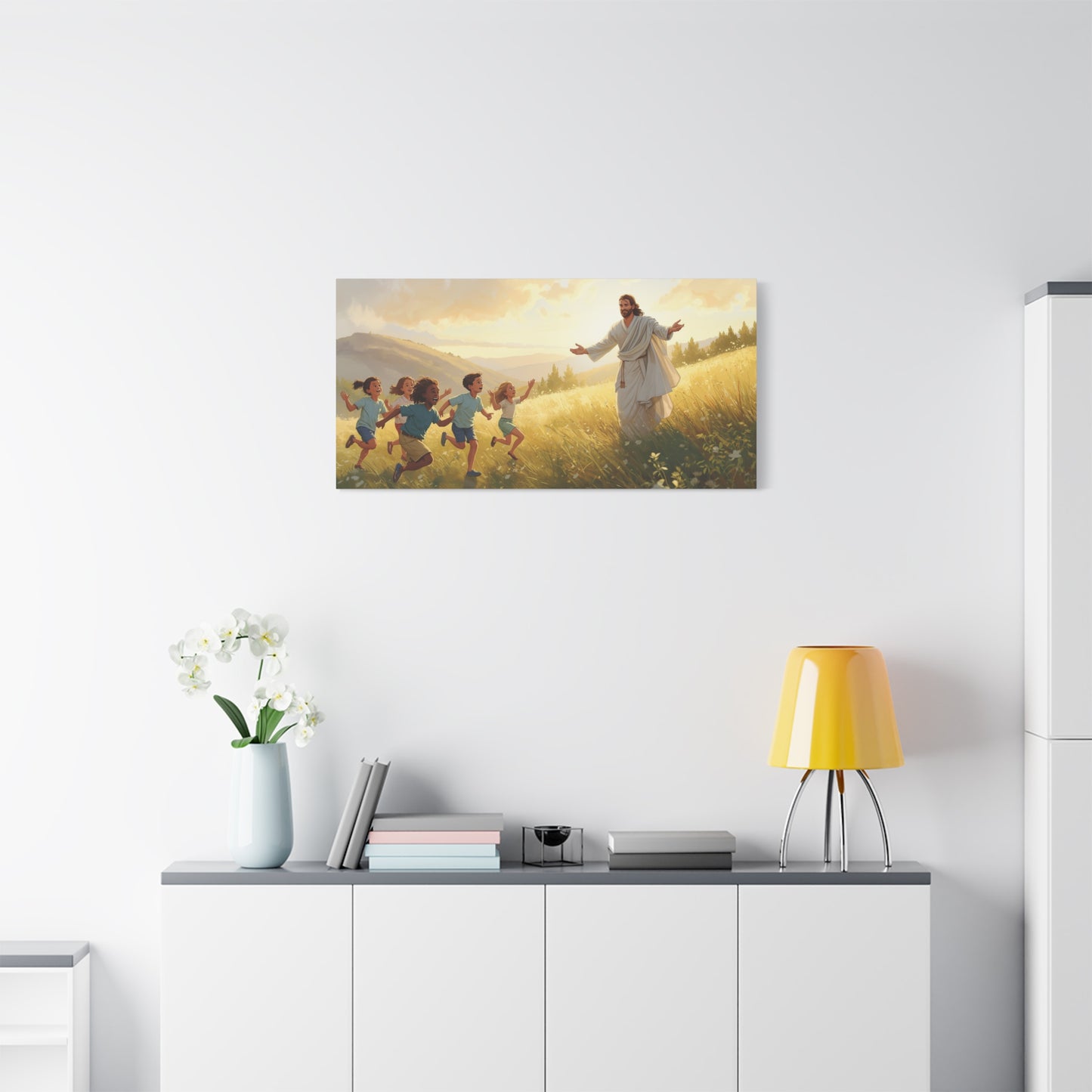 Jesus Christ With Children Canvas Wall Art - Golden Meadow Landscape, Christian Home Decor Print - Matte Cotton Canvas - Traditional Style For Living Room Bedroom Office - Living Room Wall Decor