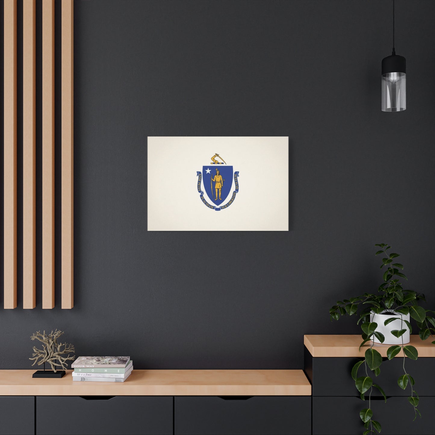 Massachusetts State Flag Canvas Wall Art - Ense Petit Placidam Sub Libertate Quietem - Blue Shield Native American Crest - Minimalist Patriotic Decor - Living Room Wall Decor - Bedroom Home Decoration