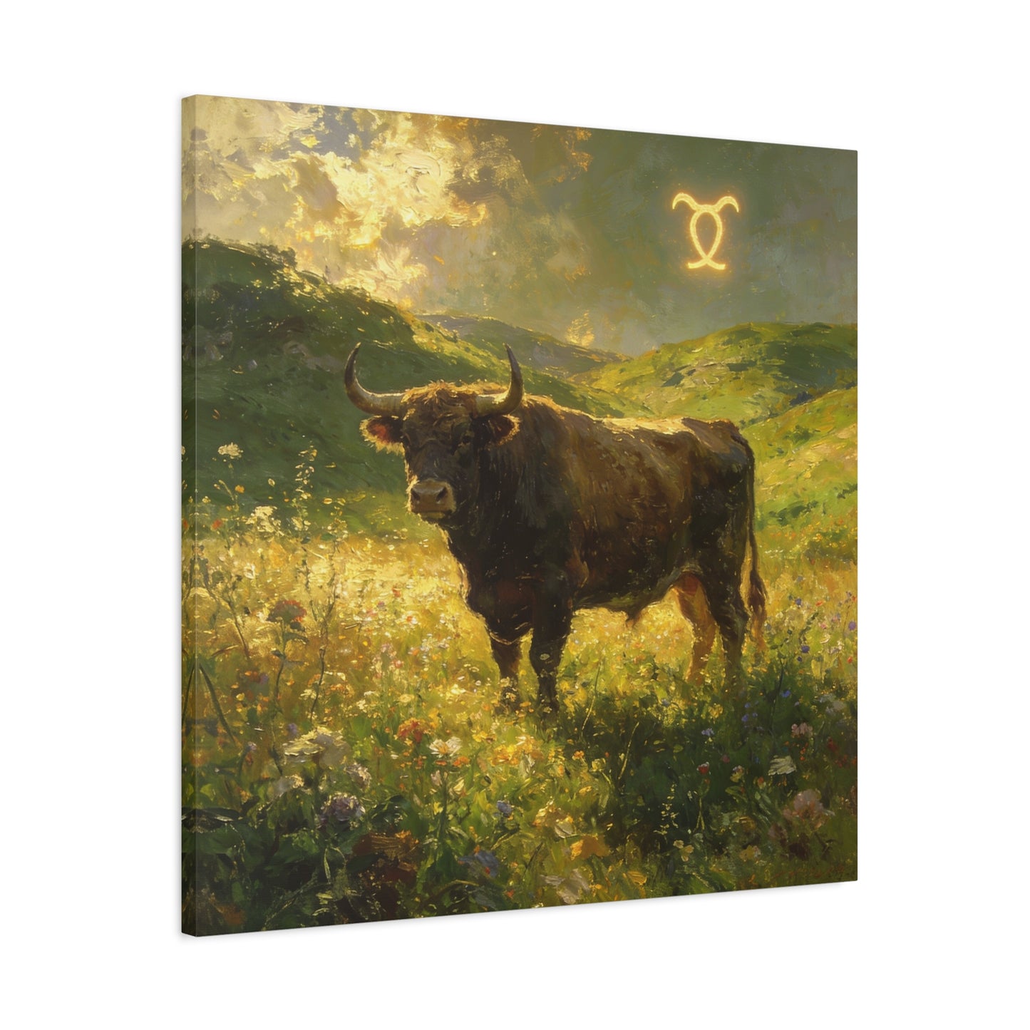 Taurus Bull Canvas Wall Art - Golden Meadow Landscape Painting, Zodiac Symbol, Rustic Contemporary Cotton Canvas Print, Living Room Wall Decor, Bedroom Home Decoration, Office Art Accent