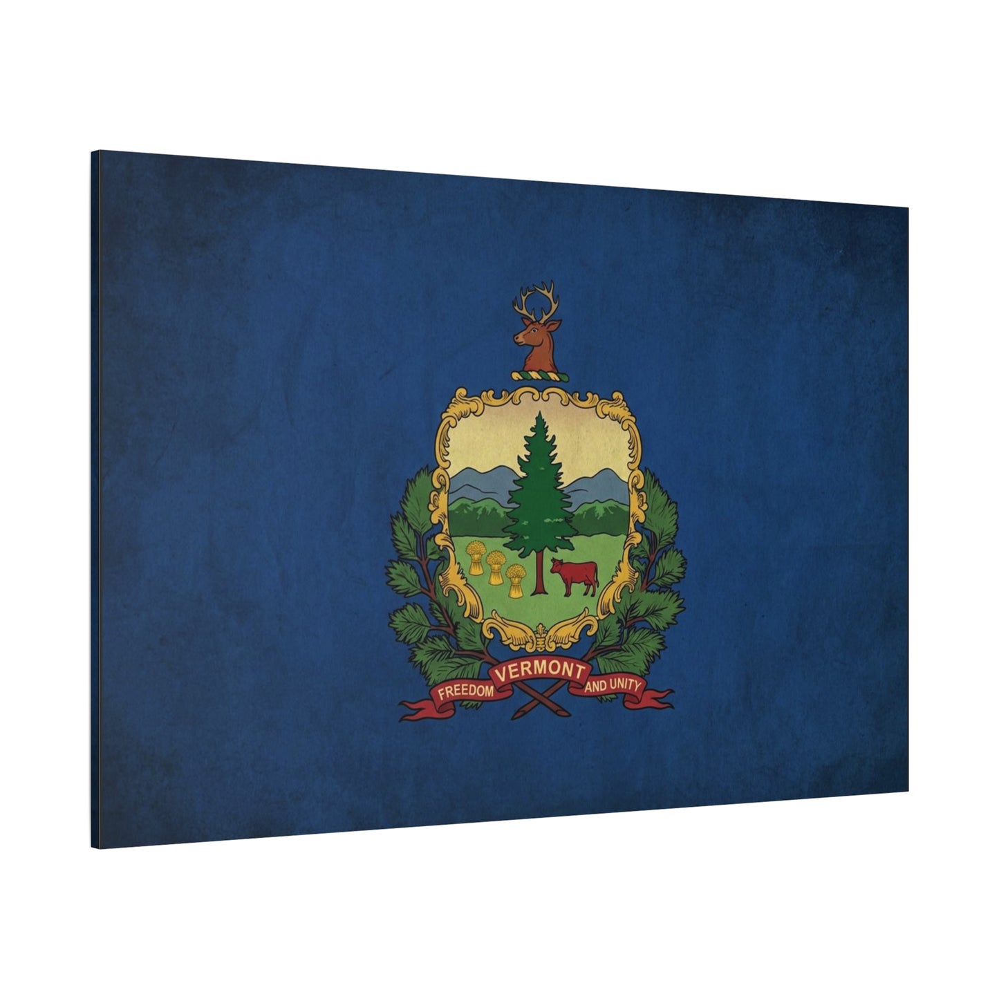 "VERMONT" State Flag Canvas Wall Art - Freedom And Unity Deer Crest Print - Vintage Blue Banner, Rustic Americana Style - Living Room Wall Decor, Office Decoration - Ready to Hang - Ready to Hang