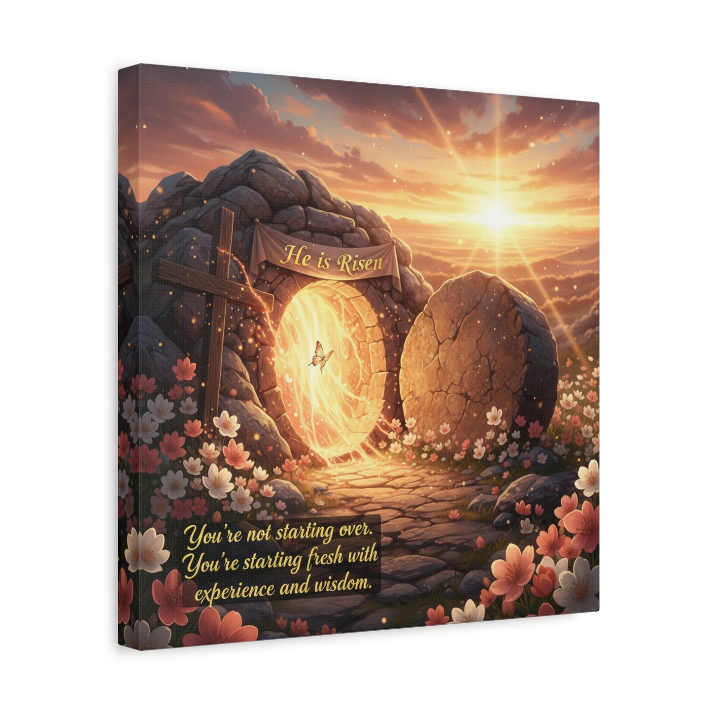 "He Is Risen" Christian Canvas Wall Art - Empty Tomb Cross Sunrise Scripture Print - Floral Faith Home Decoration - Modern Farmhouse Style