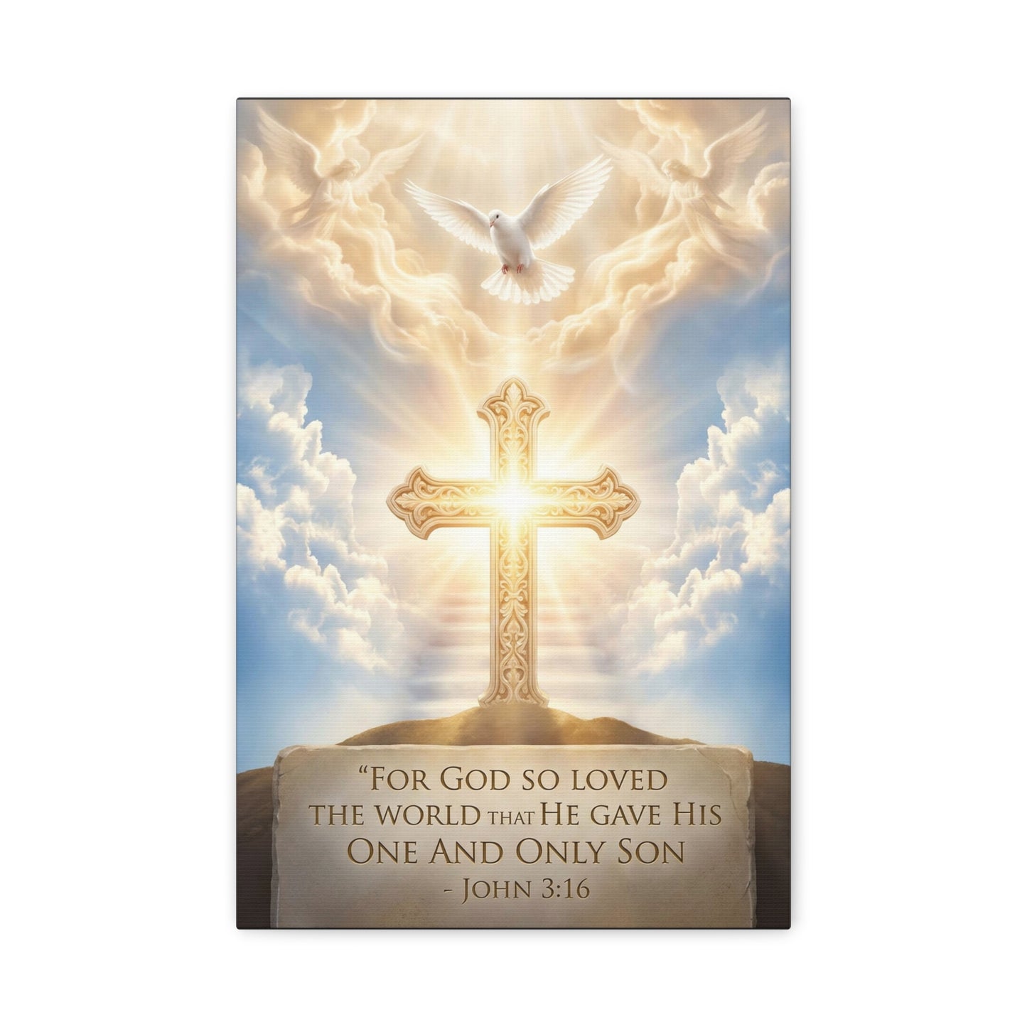 "For God So Loved The World That He Gave His One And Only Son" Christian Canvas Wall Art - Glowing Cross, Dove And Angels - Traditional Religious Wall Decor - Bedroom Living Room - Ready to Hang