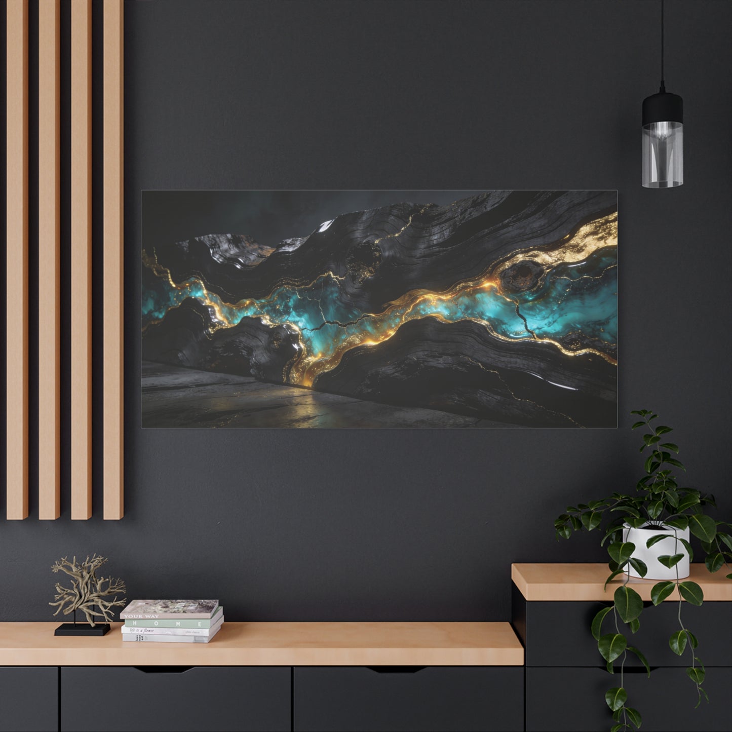 Abstract Black Gold Teal Canvas Wall Art - Modern Geode Marble Flow Design - Matte Cotton Art Print - Contemporary Living Room Wall Decor, Office Wall Art, Bedroom Decoration - Bedroom Home Decoration