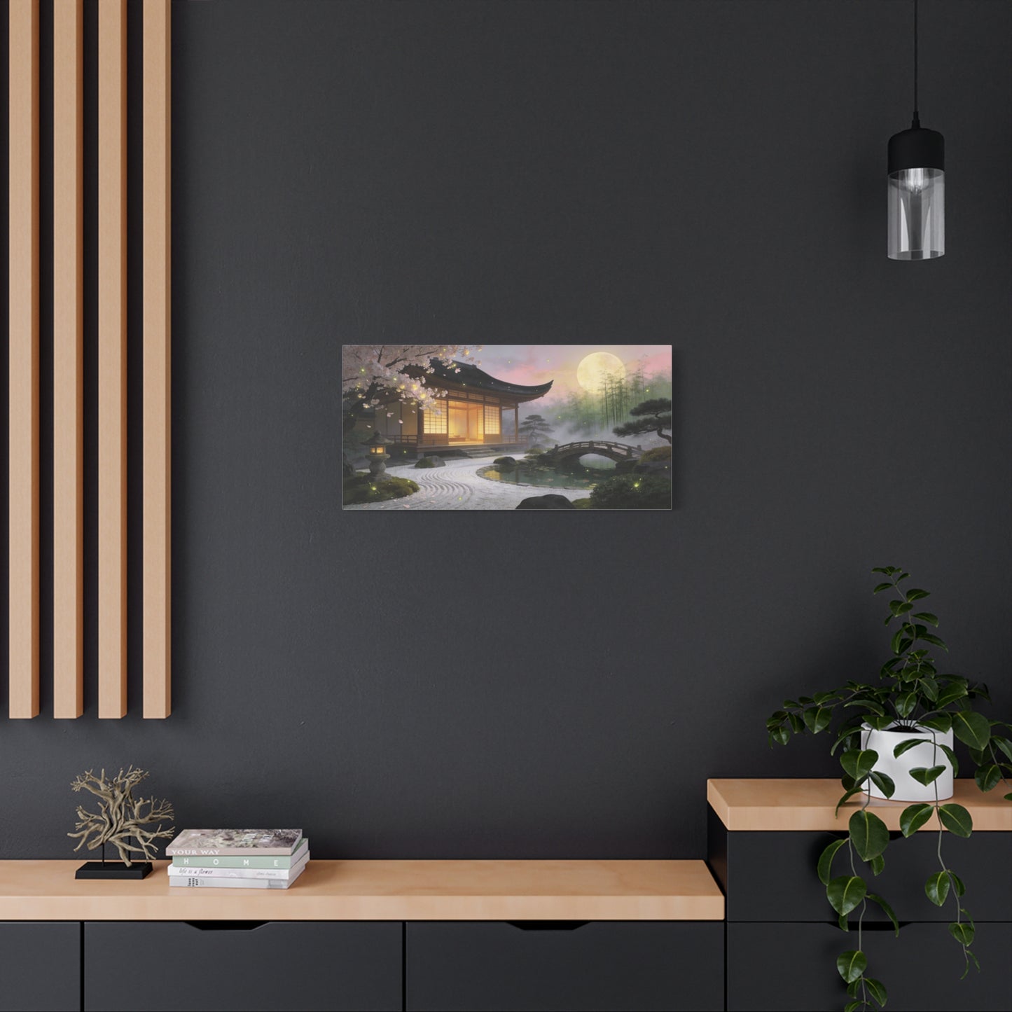 Japanese Zen Garden Canvas Wall Art - Moonlit Temple, Cherry Blossoms, Bamboo Mist - Serene Landscape Canvas Print - Traditional Style, Bedroom Wall Decor, Meditation Space - Bedroom Home Decoration
